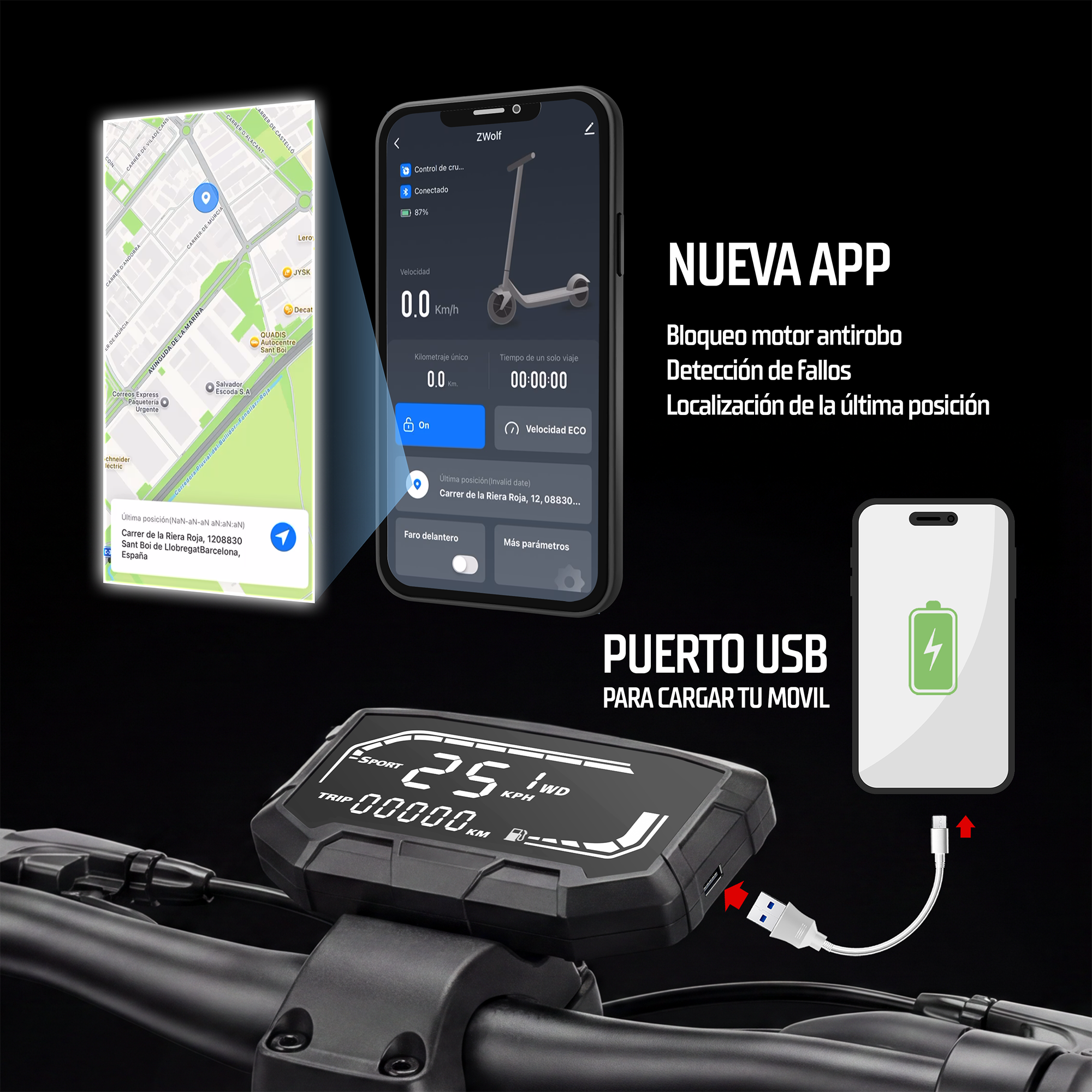 Pantalla de patinete eléctrico, aplicación móvil con GPS y puerto USB para cargar el teléfono.