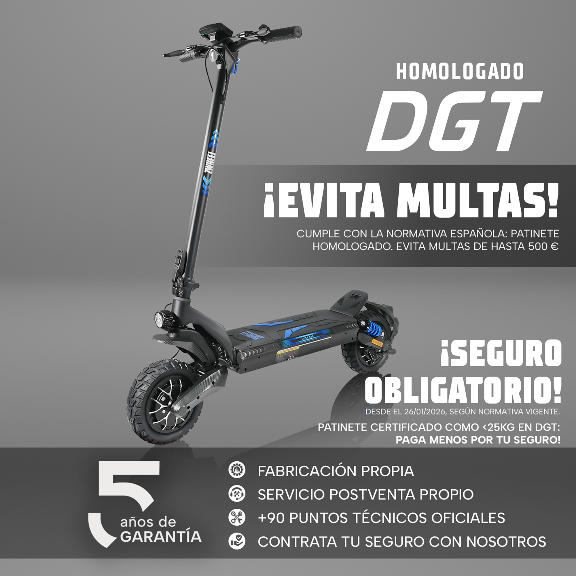 Patinete eléctrico negro sobre fondo gris con texto sobre homologación DGT y 5 años de garantía.
