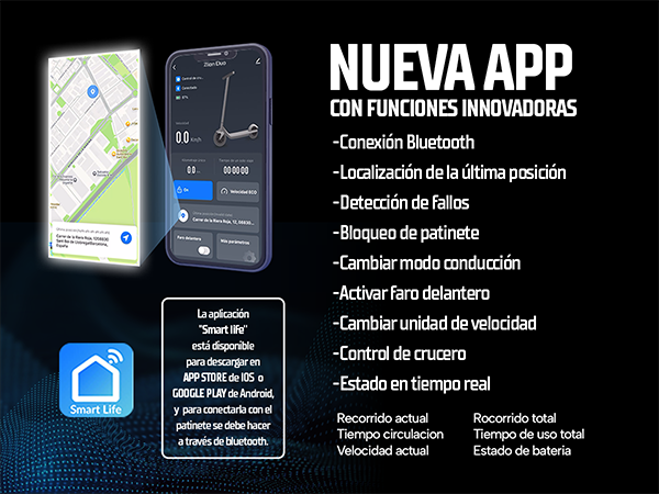 Anuncio de una nueva aplicación para patinete con Bluetooth y GPS.