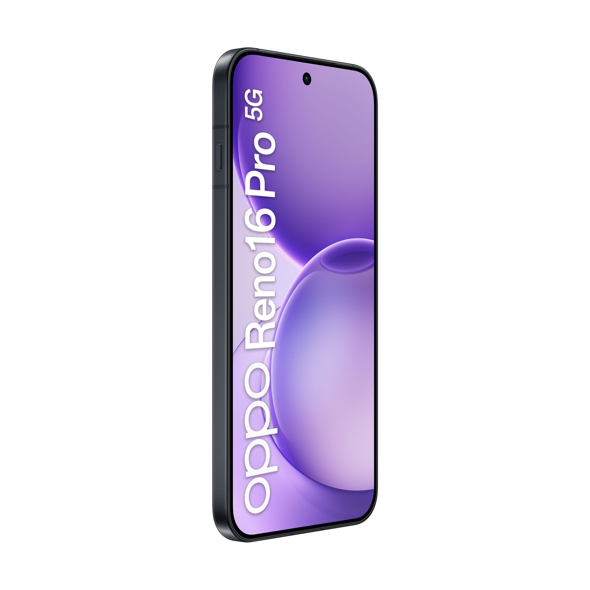 Un smartphone negro Oppo Reno16 Pro 5G en vista vertical con un fondo de pantalla morado y texto en la pantalla.