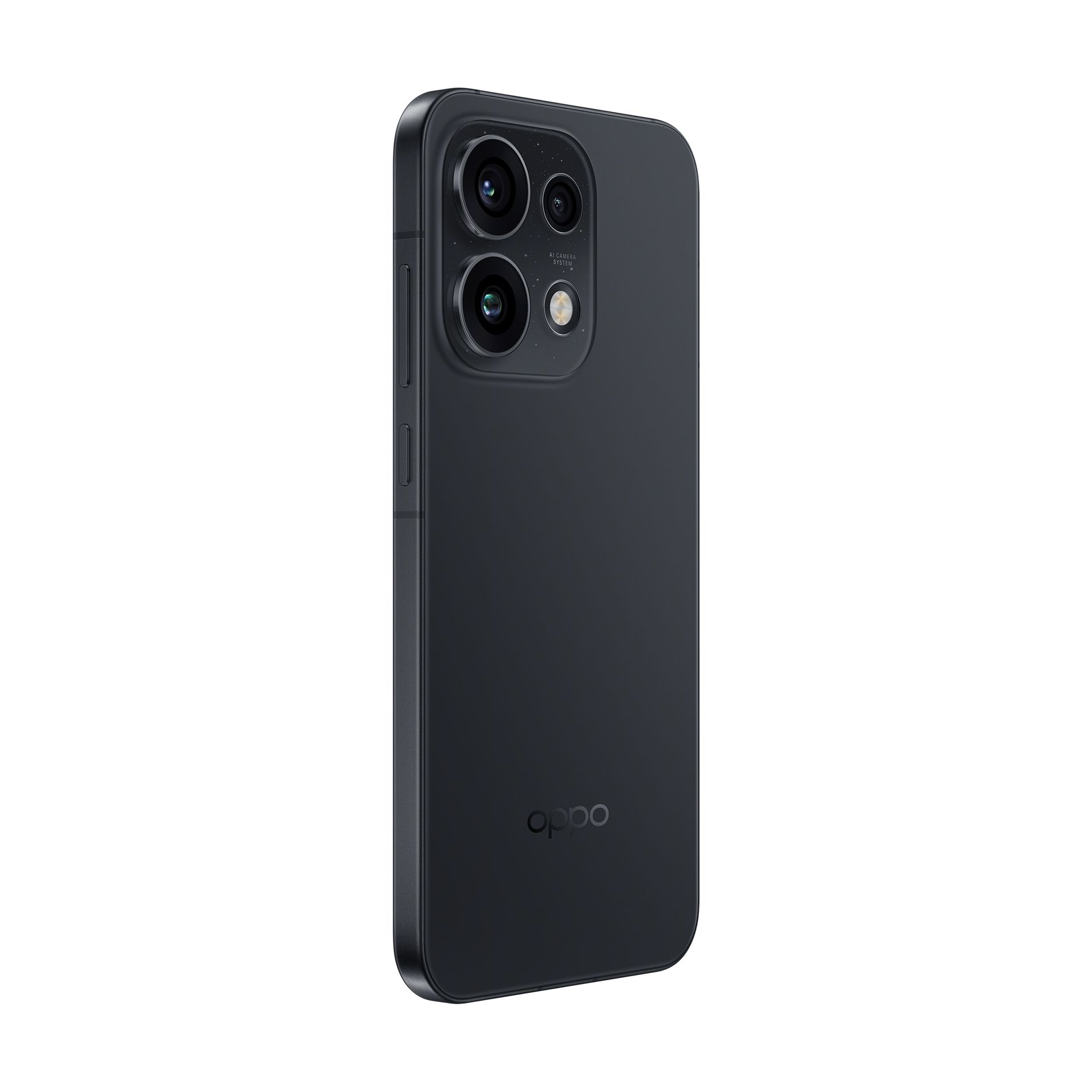 Un teléfono inteligente Oppo negro visto desde atrás, con un módulo de cámara cuadrado y el logotipo de Oppo.