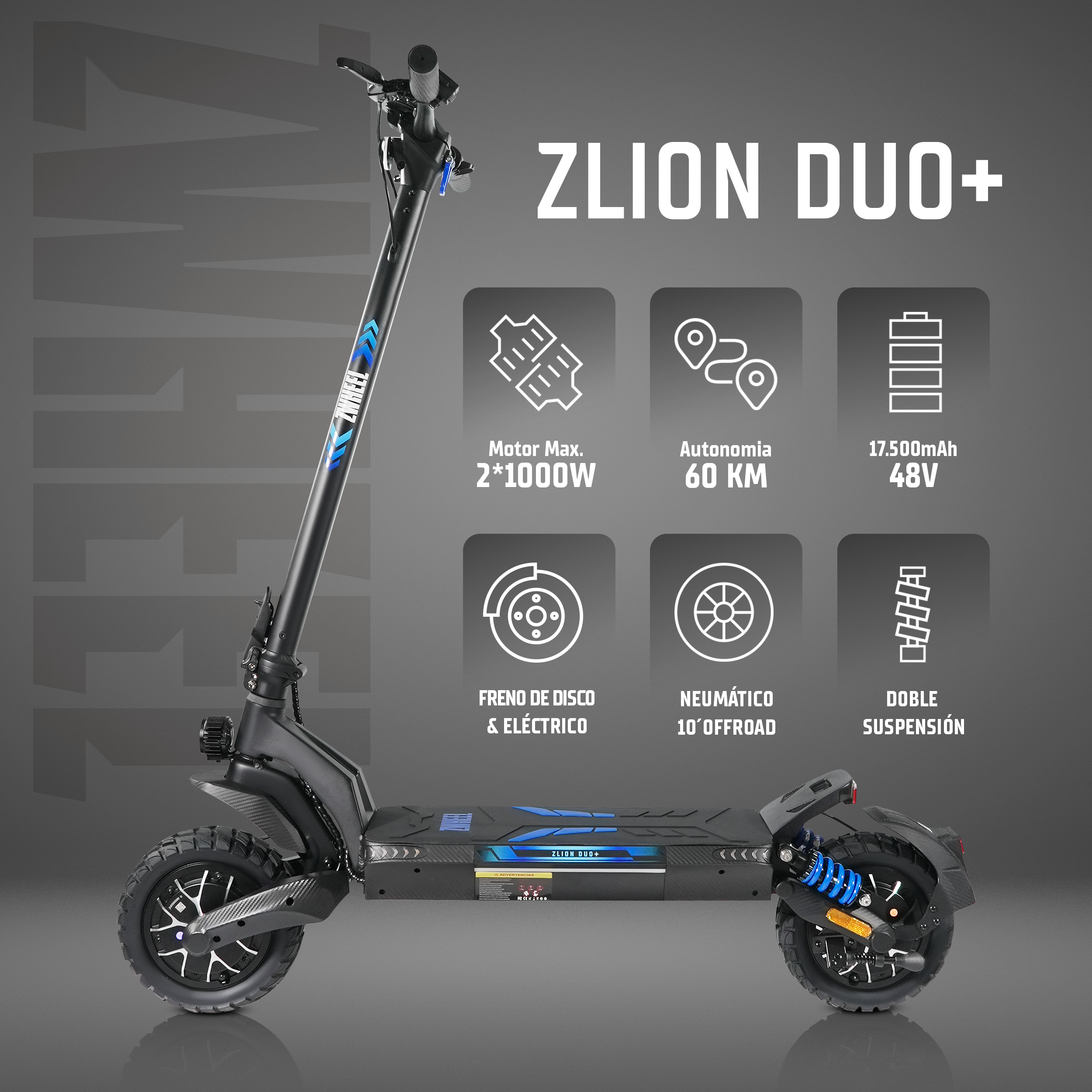 Patinete eléctrico negro Zlion Duo+ con iconos de especificaciones técnicas sobre fondo gris.