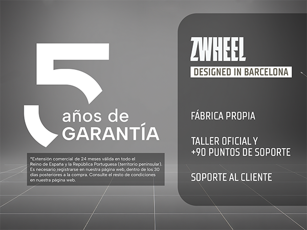 Imagen promocional gris con gran texto 5 AÑOS DE GARANTÍA y logotipo ZWHEEL.