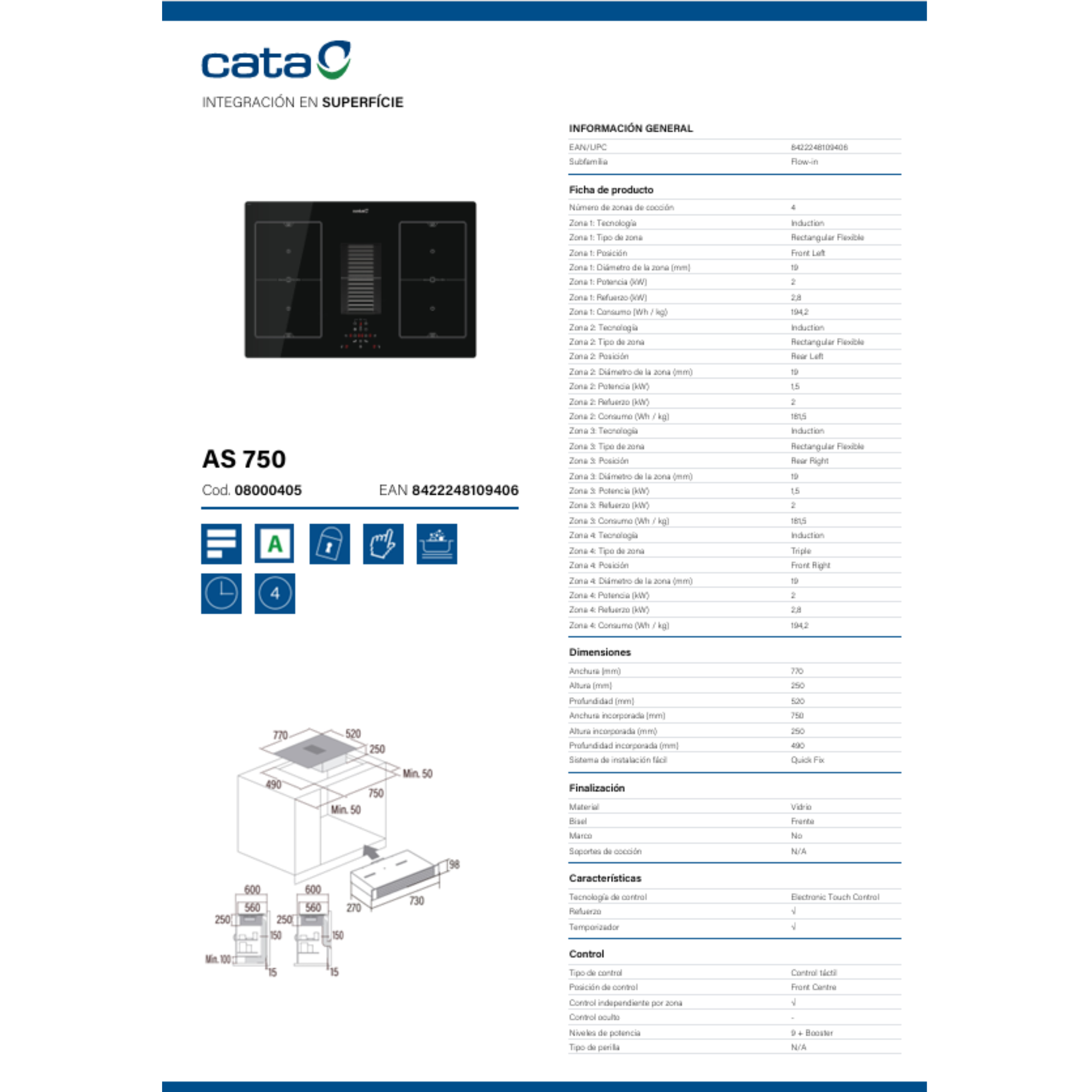Ficha técnica de la placa de inducción Cata AS 750 con datos y dimensiones.