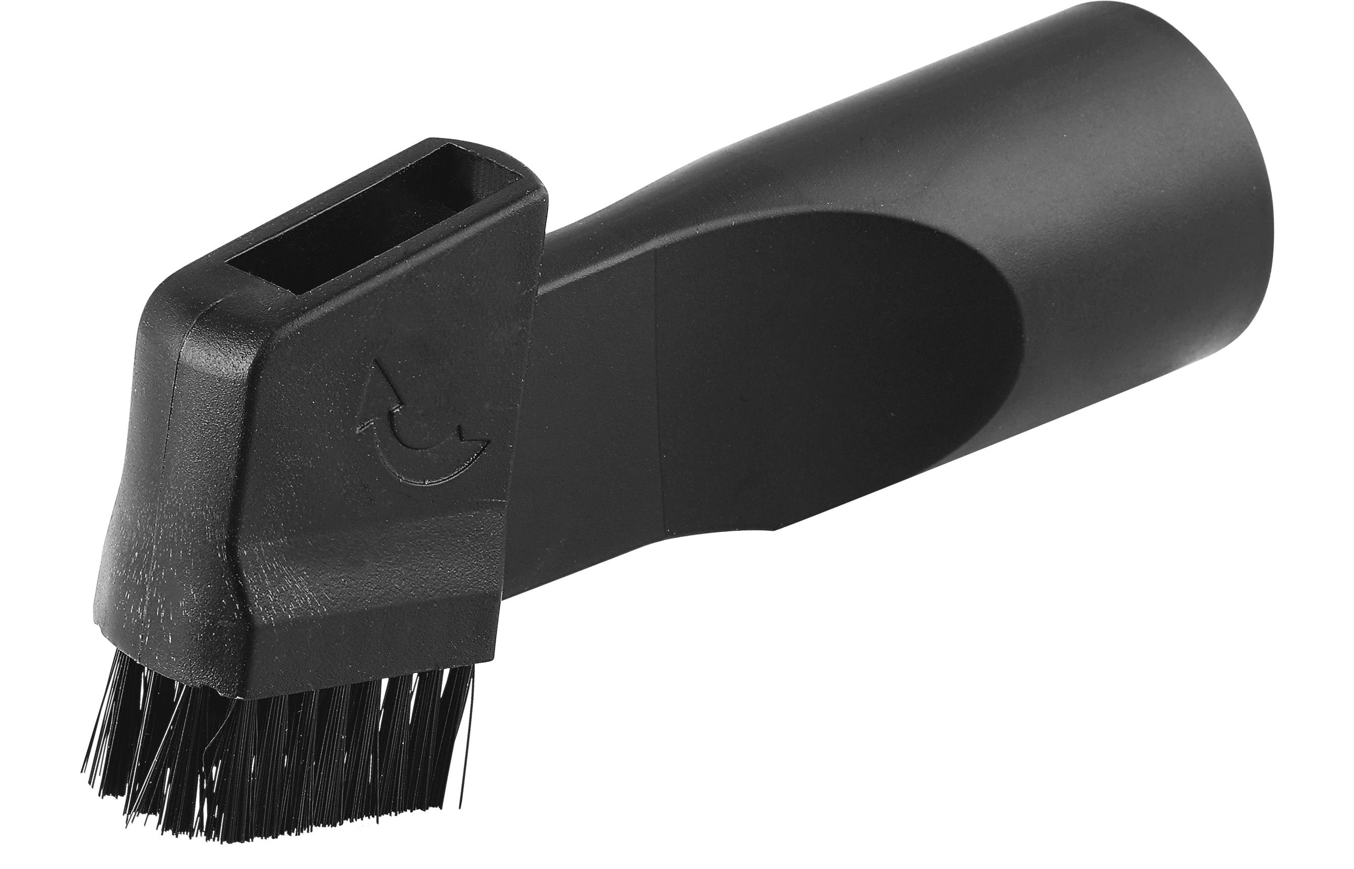 Alt kısımda küçük bir fırçası ve yanda yön ok olan siyah bir elektrikli süpürge aparatı.