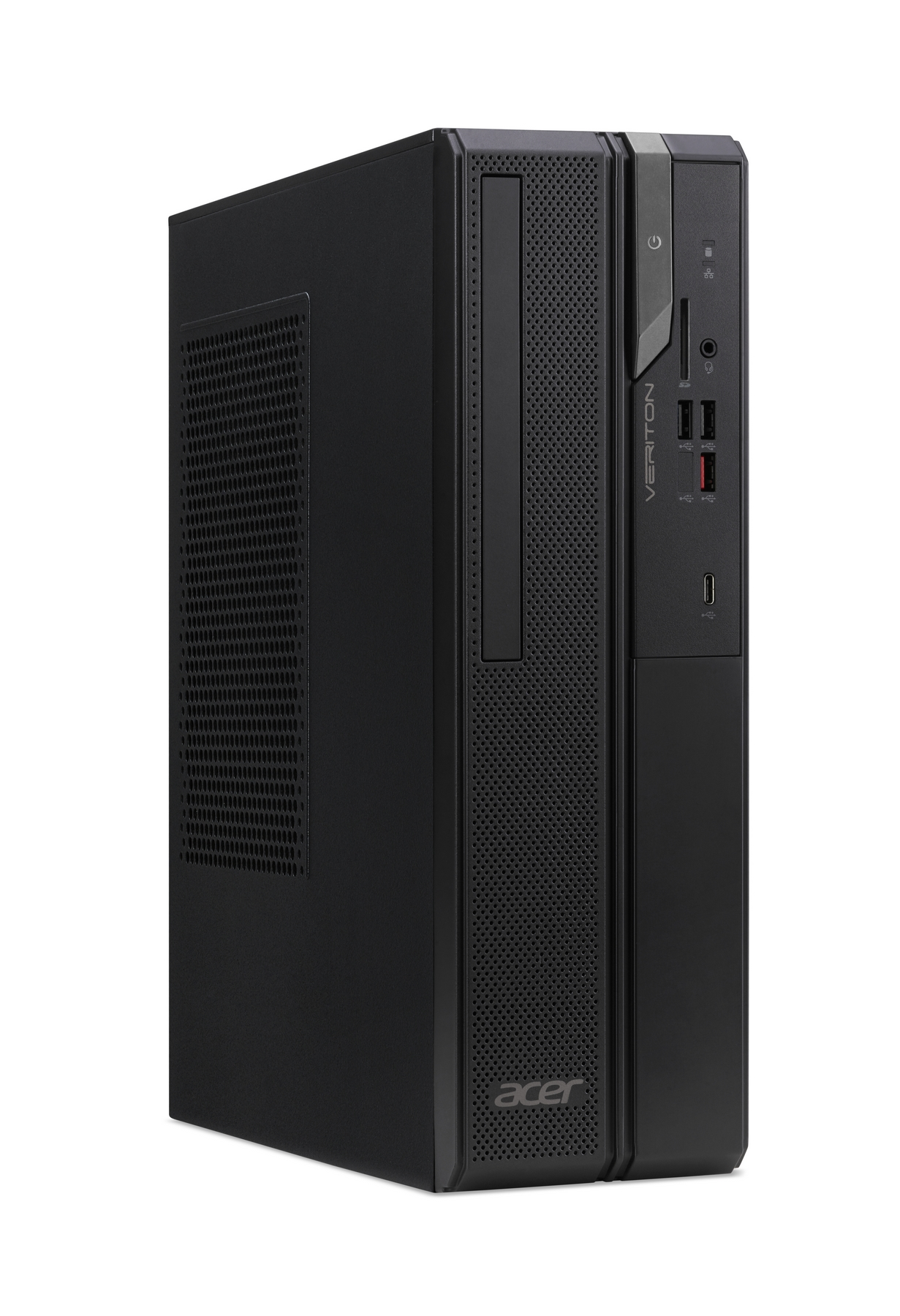 Un tower per computer desktop Acer Veriton nero su sfondo bianco, visto di fronte e di lato.