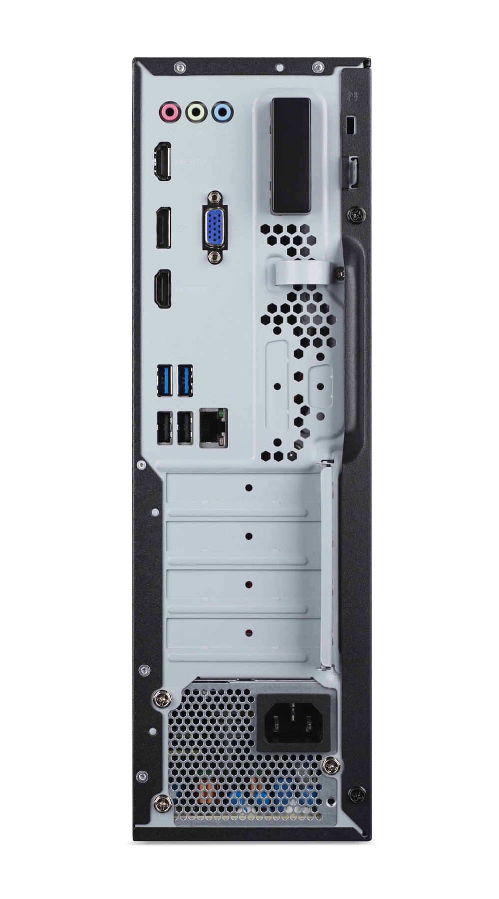Pannello posteriore di un computer desktop con jack audio, porte video e USB, Ethernet e alimentatore.