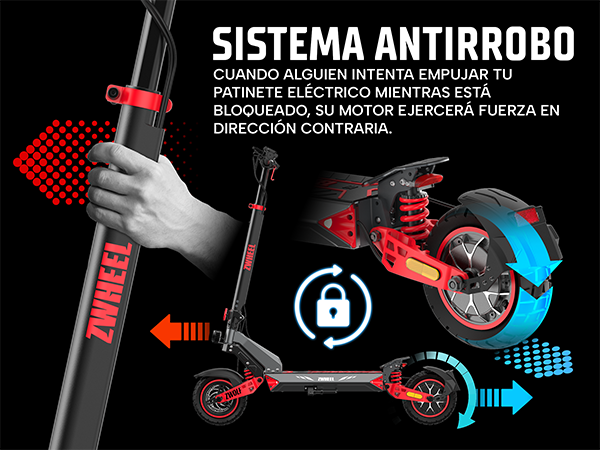 Sistema antirrobo de patinete eléctrico con icono de bloqueo, detalles rojos y texto explicativo.