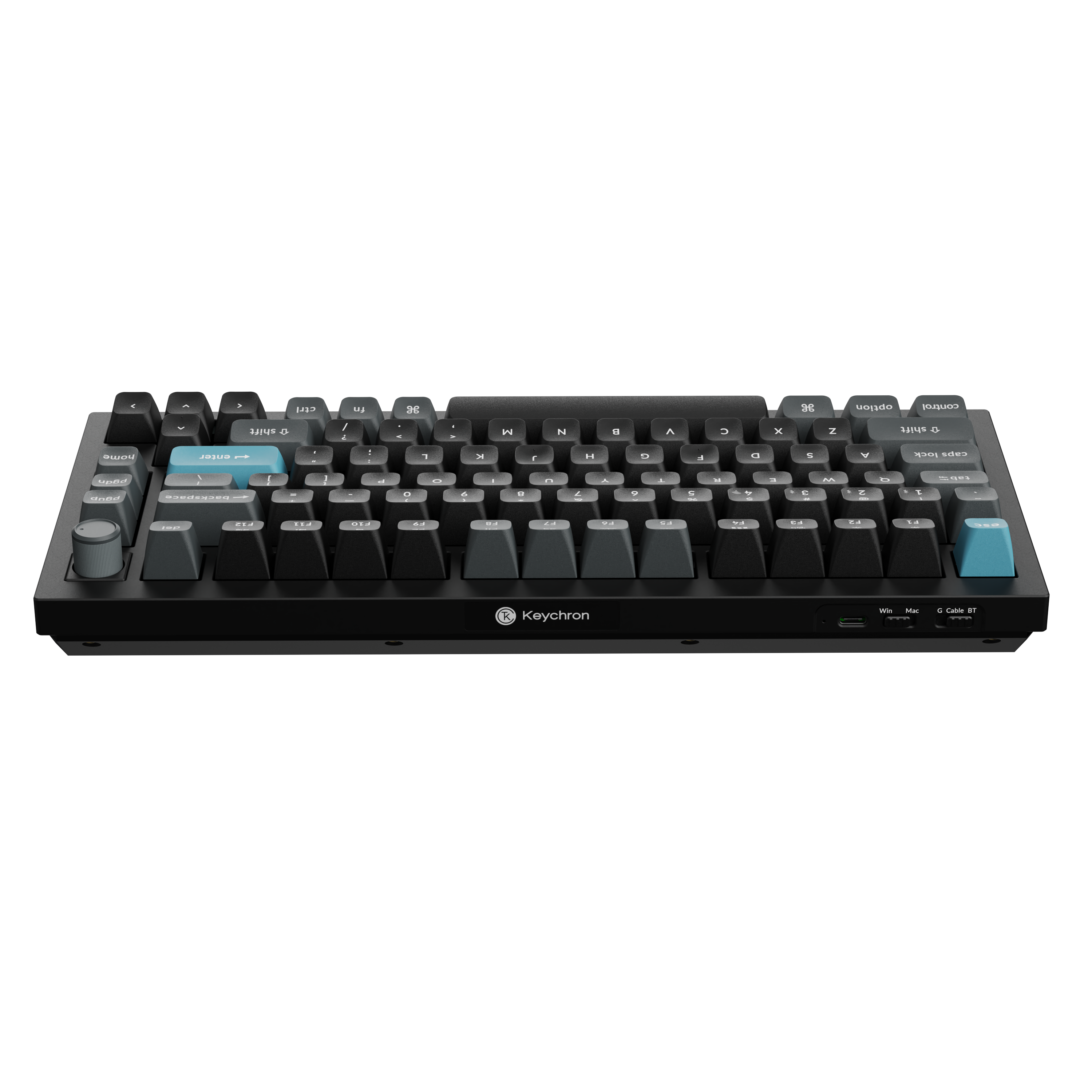 Czarna klawiatura mechaniczna Keychron z ciemnoszarymi i dwoma niebieskimi klawiszami na białym tle.