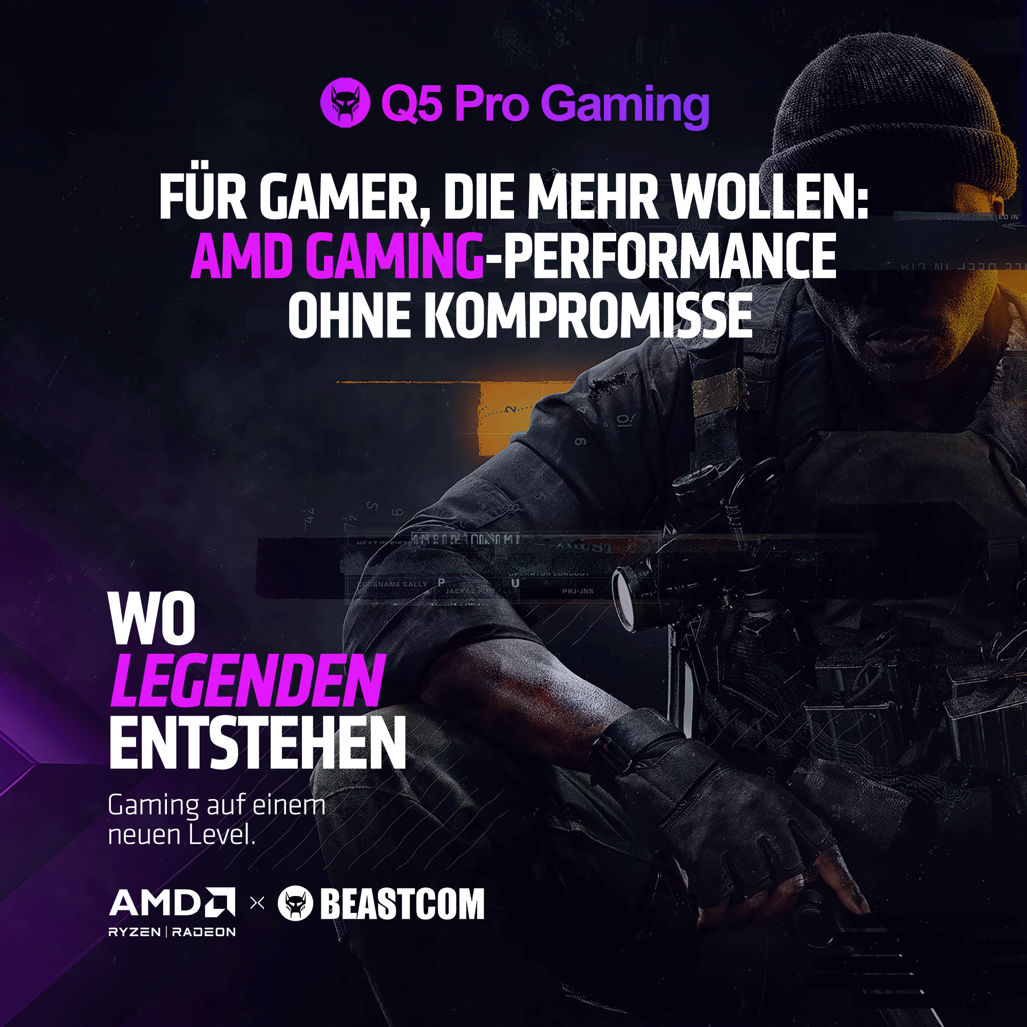 Immagine promozionale per Q5 Pro Gaming con AMD Ryzen e Radeon, con un soldato in equipaggiamento tattico.