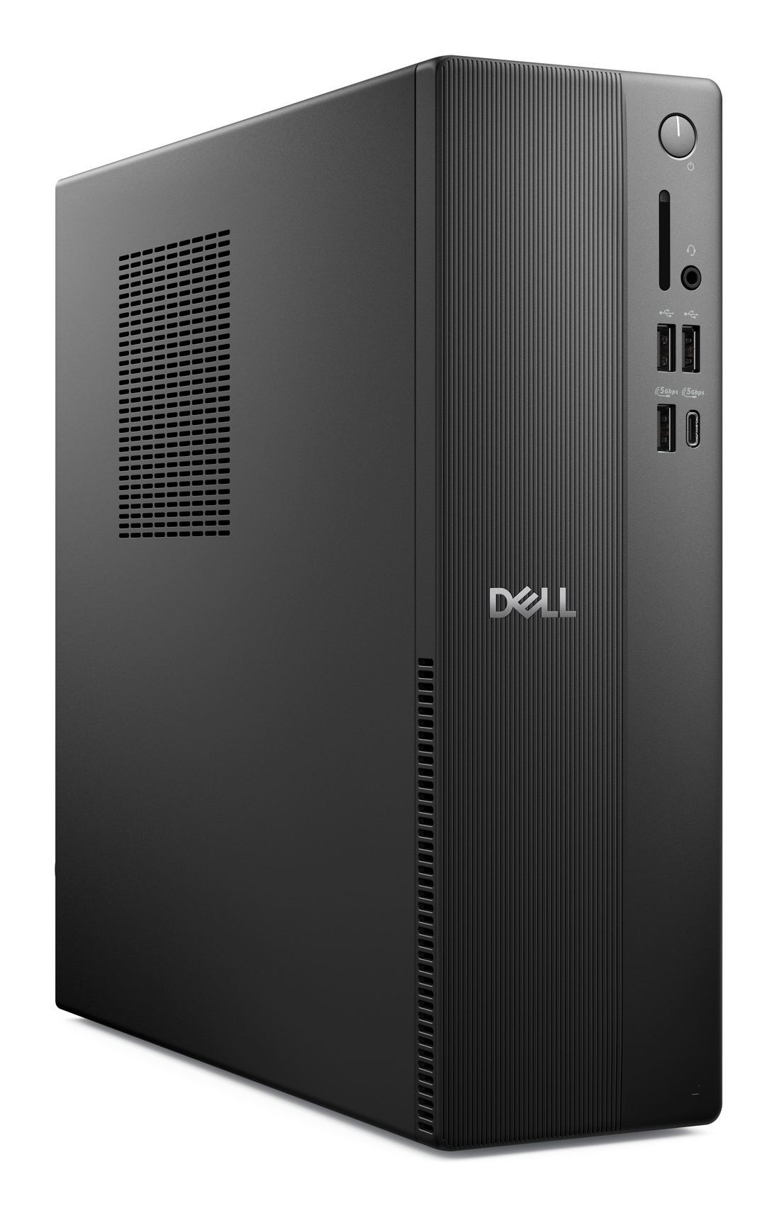 Un tower desktop Dell nero si erge verticalmente, mostrando le porte del pannello frontale e la griglia di ventilazione.