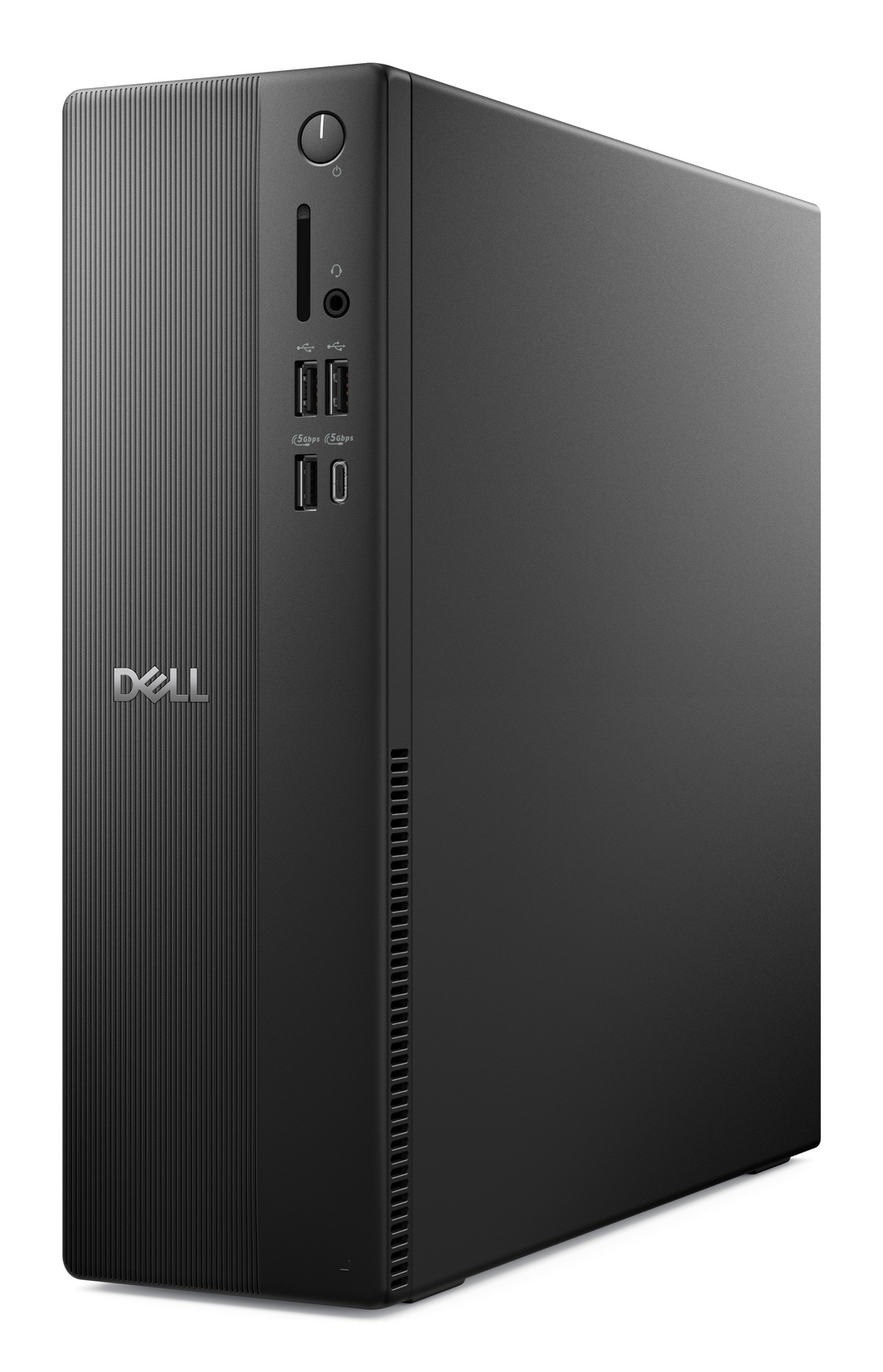 Un tower PC desktop Dell nero su sfondo bianco, con porte frontali e logo Dell.