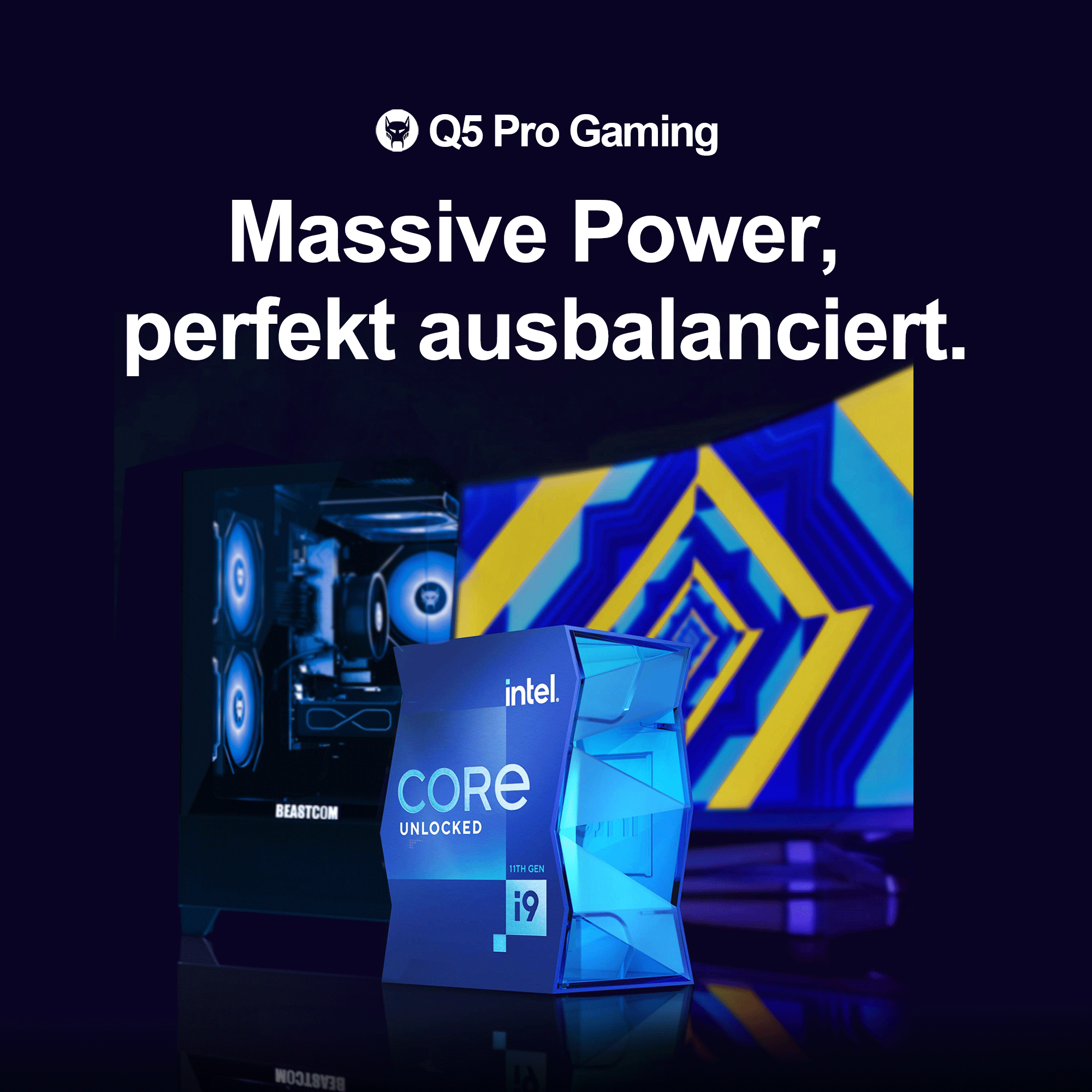 Un processore Intel Core i9 davanti a un PC da gioco e uno schermo blu.