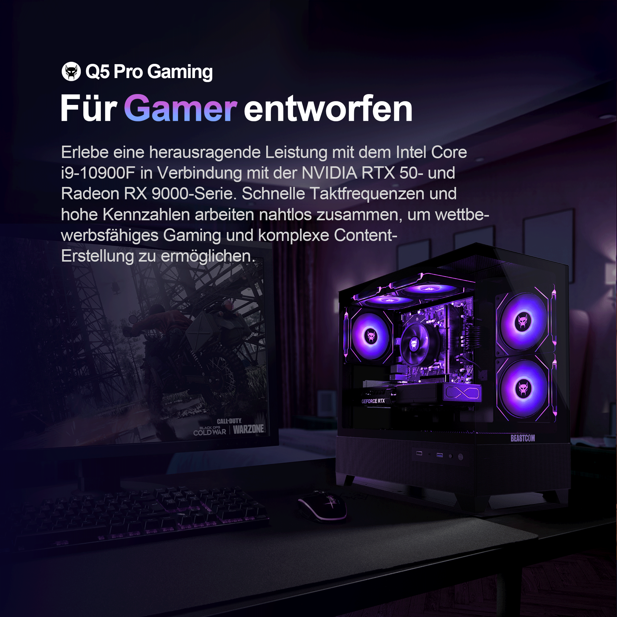 Komputer gamingowy z fioletowym podświetleniem stoi na biurku obok monitora, klawiatury i tekstu reklamowego.