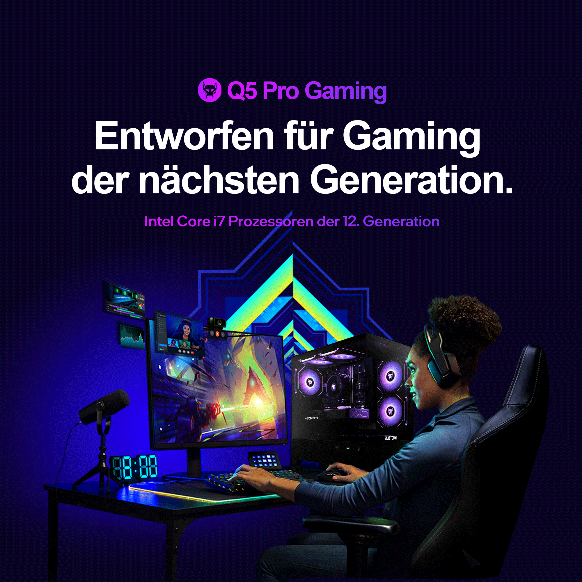 Una giocatrice siede a una scrivania illuminata con PC e monitor su sfondo blu.