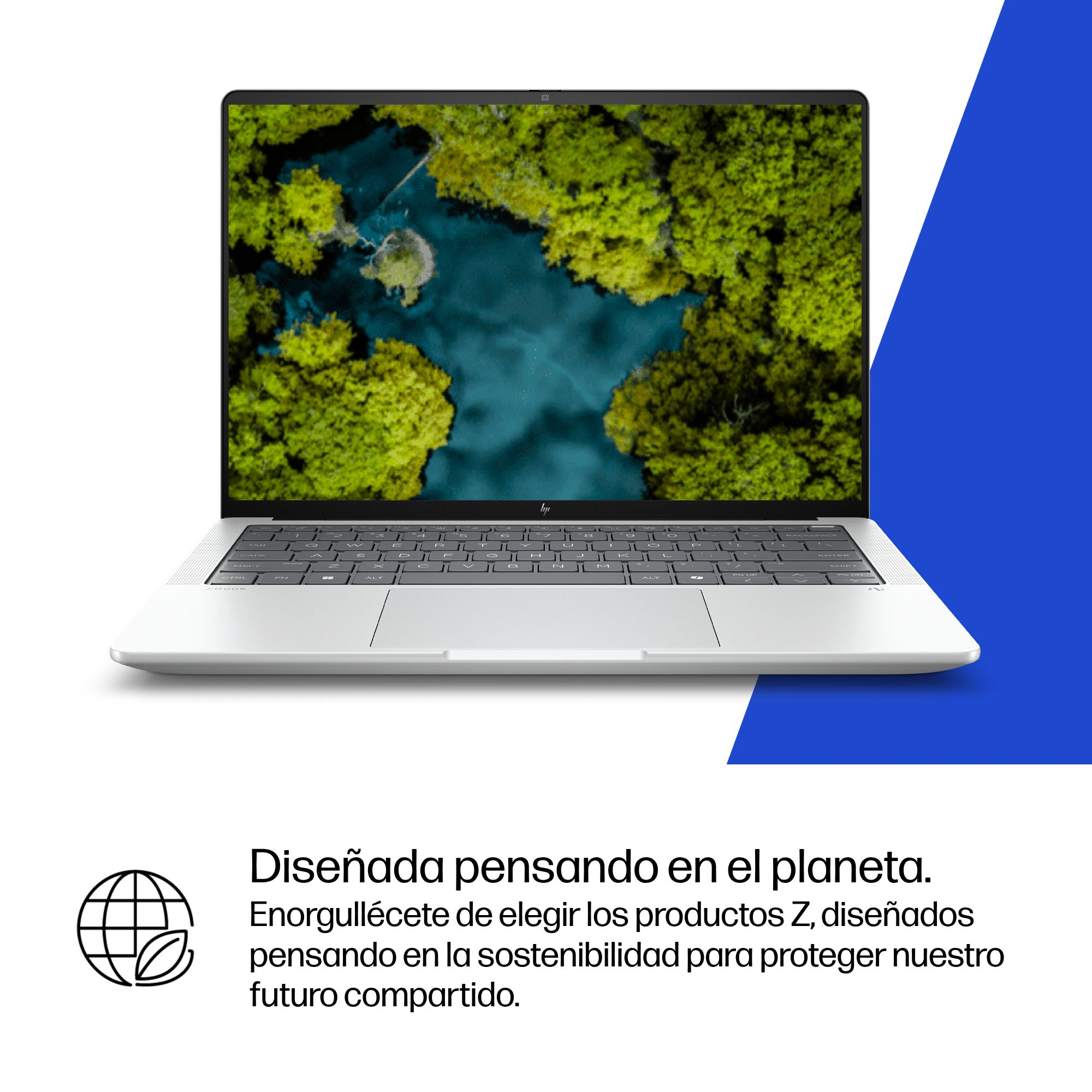 Un laptop argento con sfondo natura, grafica blu, icona del globo e testo in spagnolo.