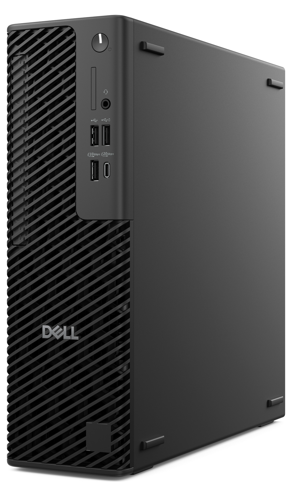 Un tower desktop Dell nero con griglia frontale, porte USB, pulsante di accensione e design moderno.