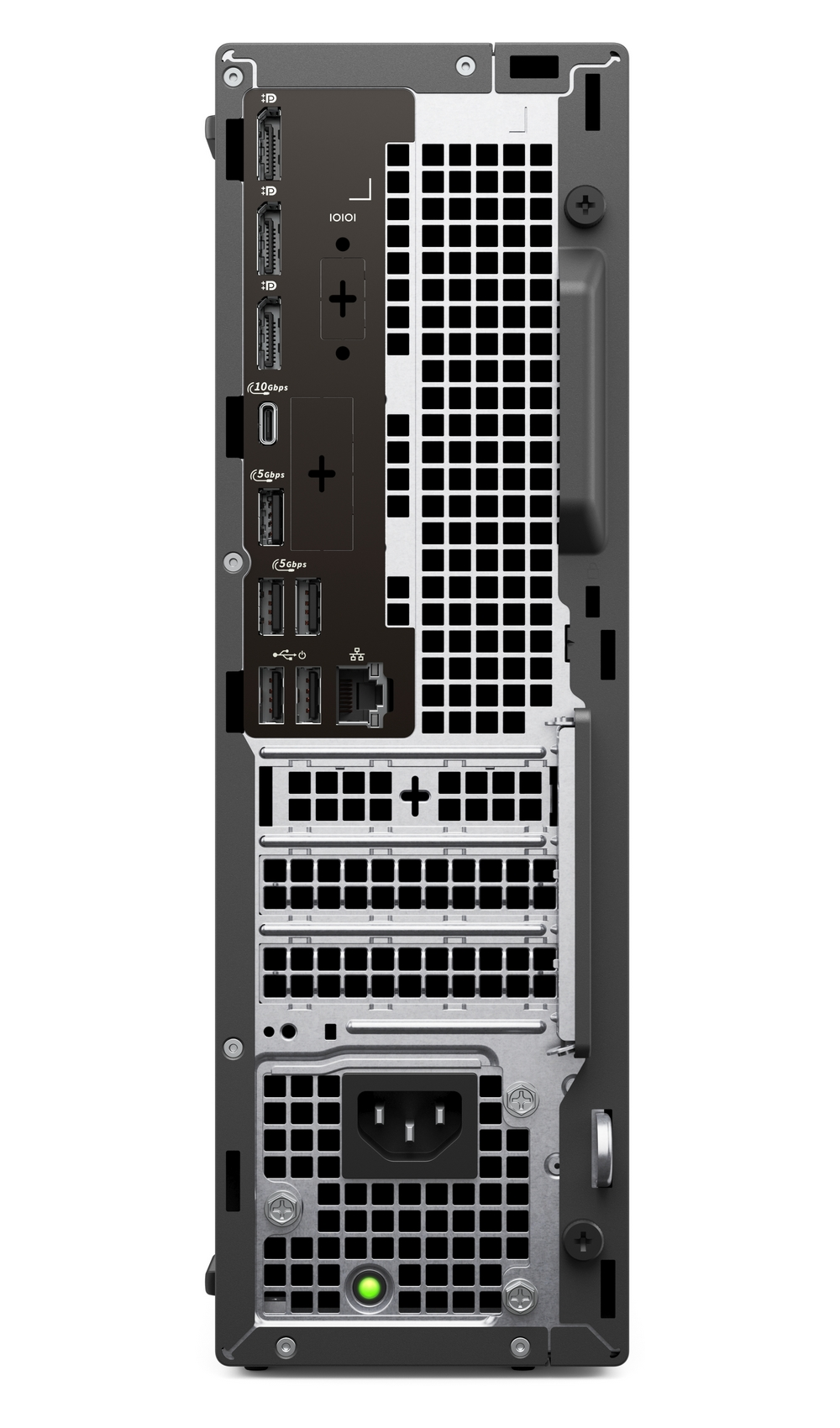Vista posteriore di un computer desktop con varie porte, connessioni USB, DisplayPort e griglie.