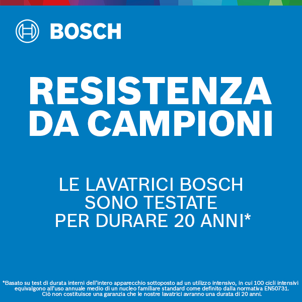 Pubblicità blu Bosch con testo bianco sulle lavatrici.