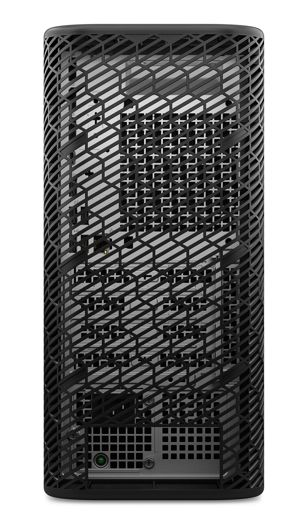 Vista posteriore di un tower per computer con griglia nera a nido d'ape e porte visibili.