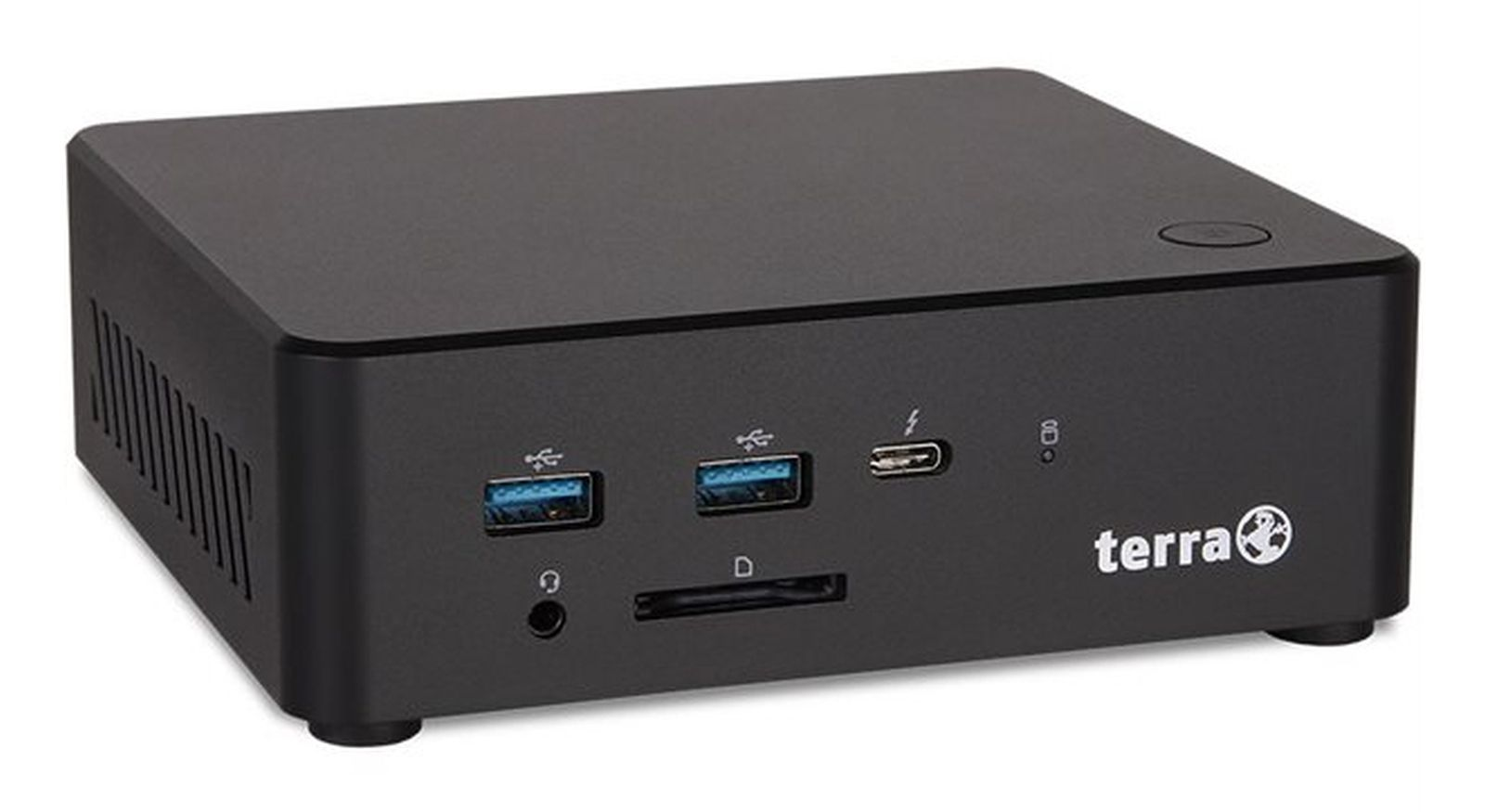 Mini PC Terra nero con porte frontali e logo.