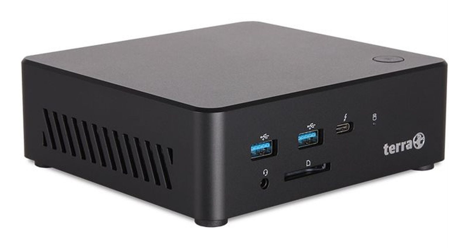 Mini PC Terra nero con porte USB, jack audio e pulsante di accensione sul pannello frontale.