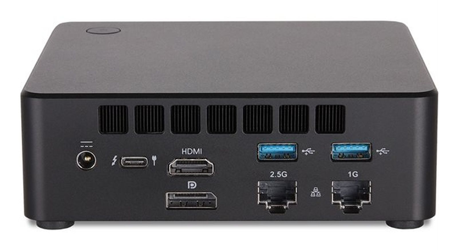 Vista posteriore di un mini PC nero con alimentazione, USB-C, HDMI, DisplayPort, porte USB e due prese Ethernet.