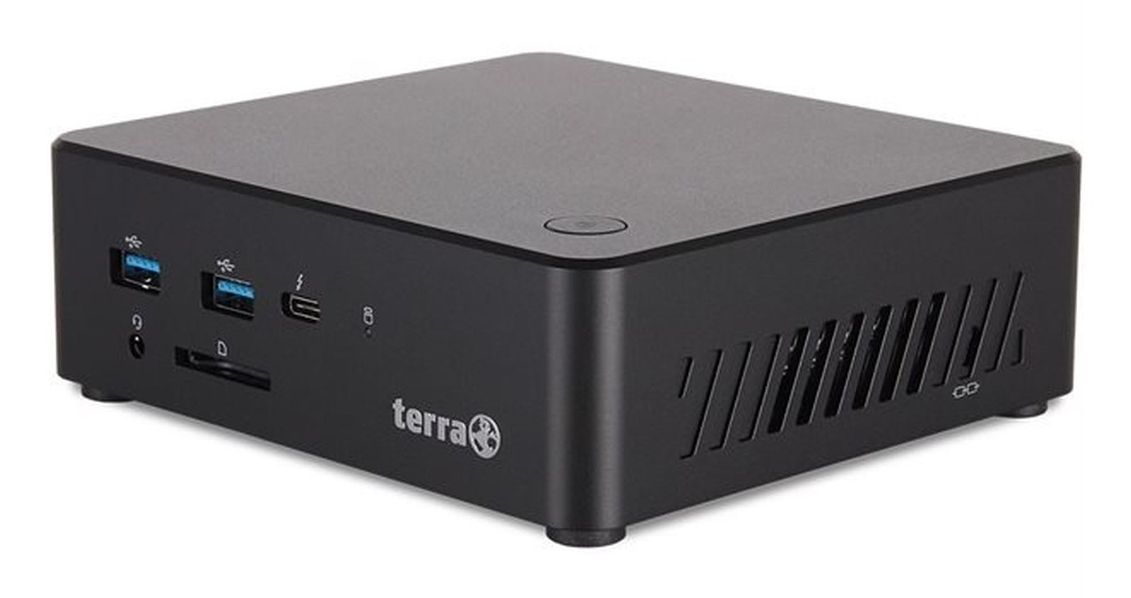Mini PC Terra nero con porte USB frontali, jack audio e lettore di schede SD su sfondo bianco.