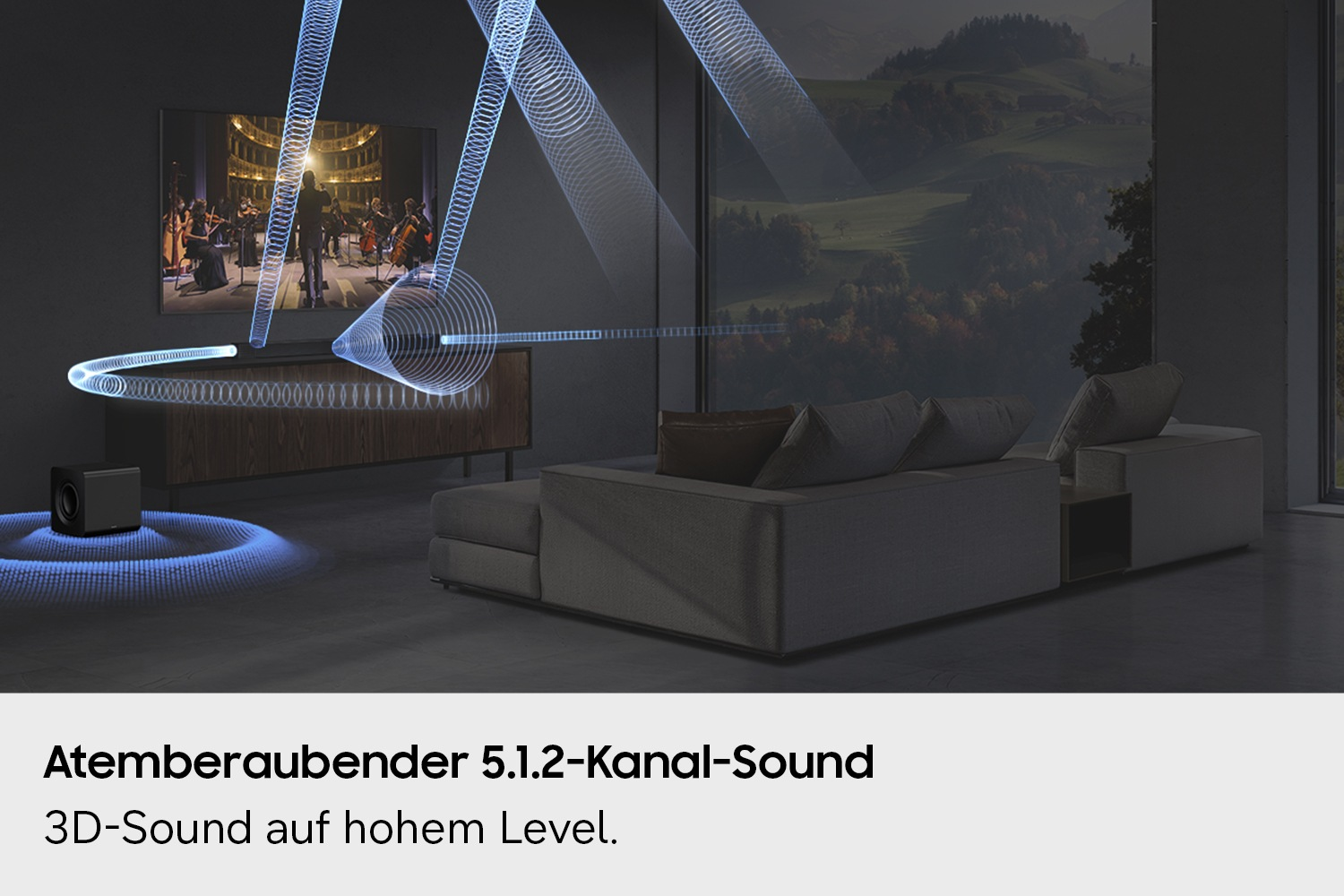 Wohnzimmer mit TV, Couch und Subwoofer, visualisierte blaue Schallwellen zeigen 3D-Sound aus.