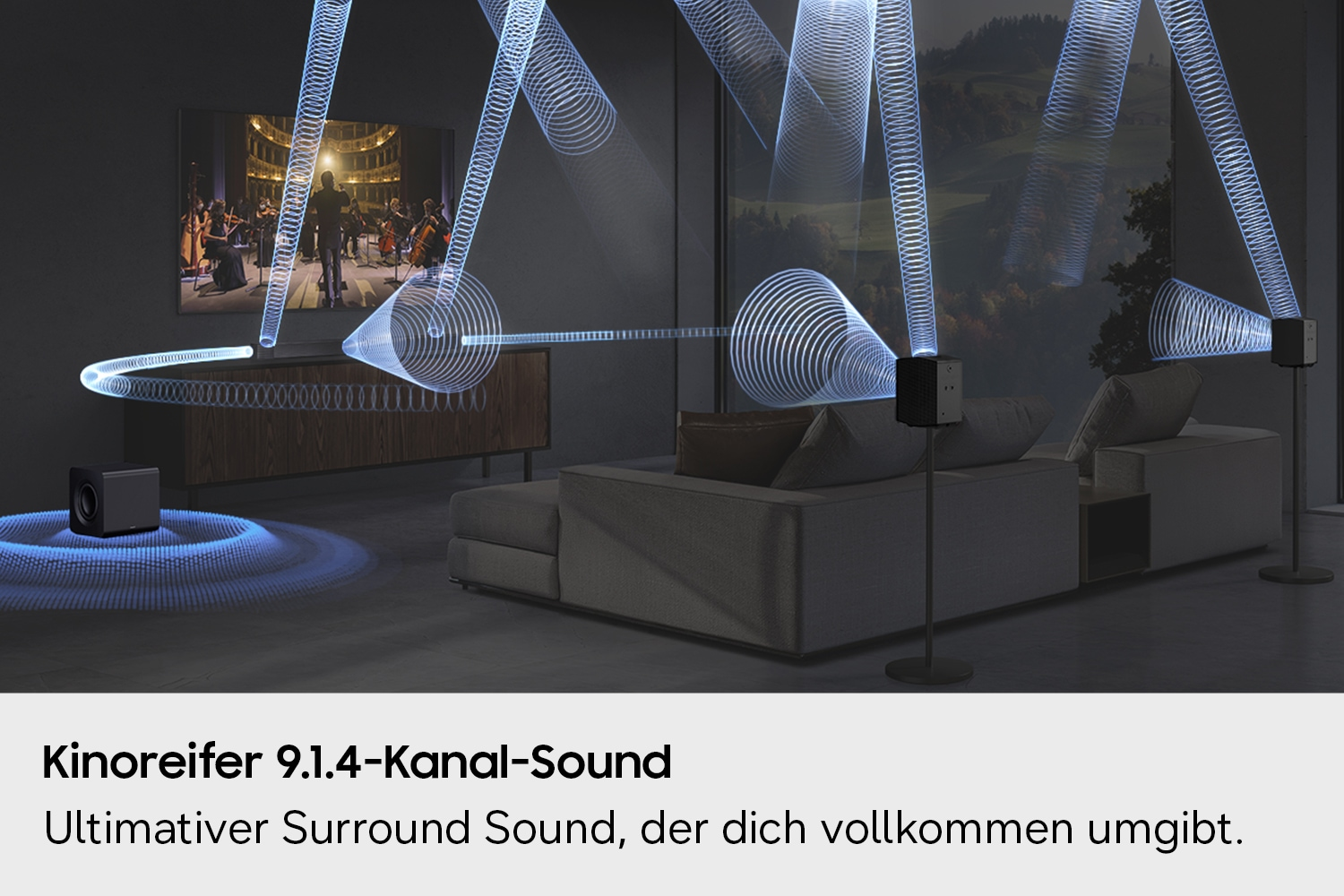 Wohnzimmer mit Surround-Sound-Anlage, die blaue Schallwellen im Raum visualisiert.