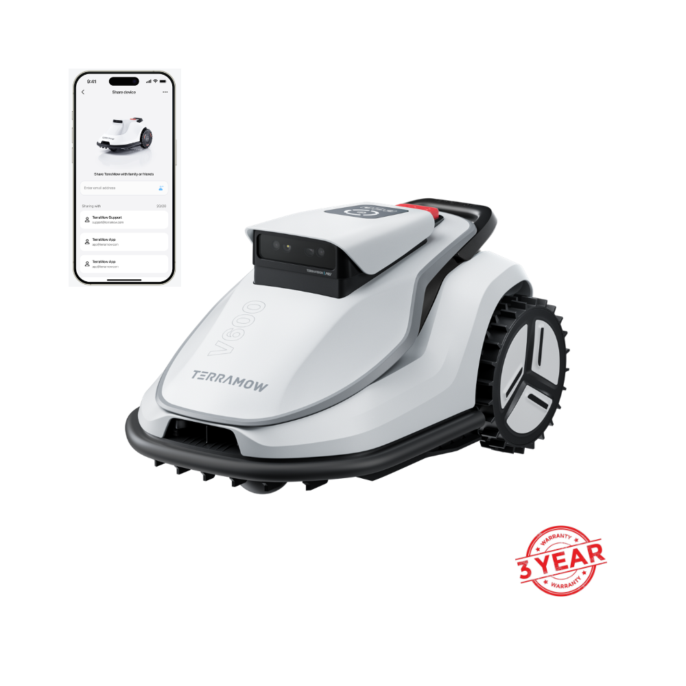 Un robot tondeuse blanc et noir avec application mobile et sceau de garantie de 3 ans sur fond blanc.