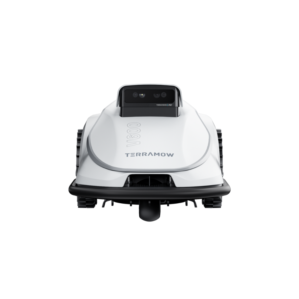 Un robot tondeuse blanc Terramow V600 est présenté de face sur fond blanc.