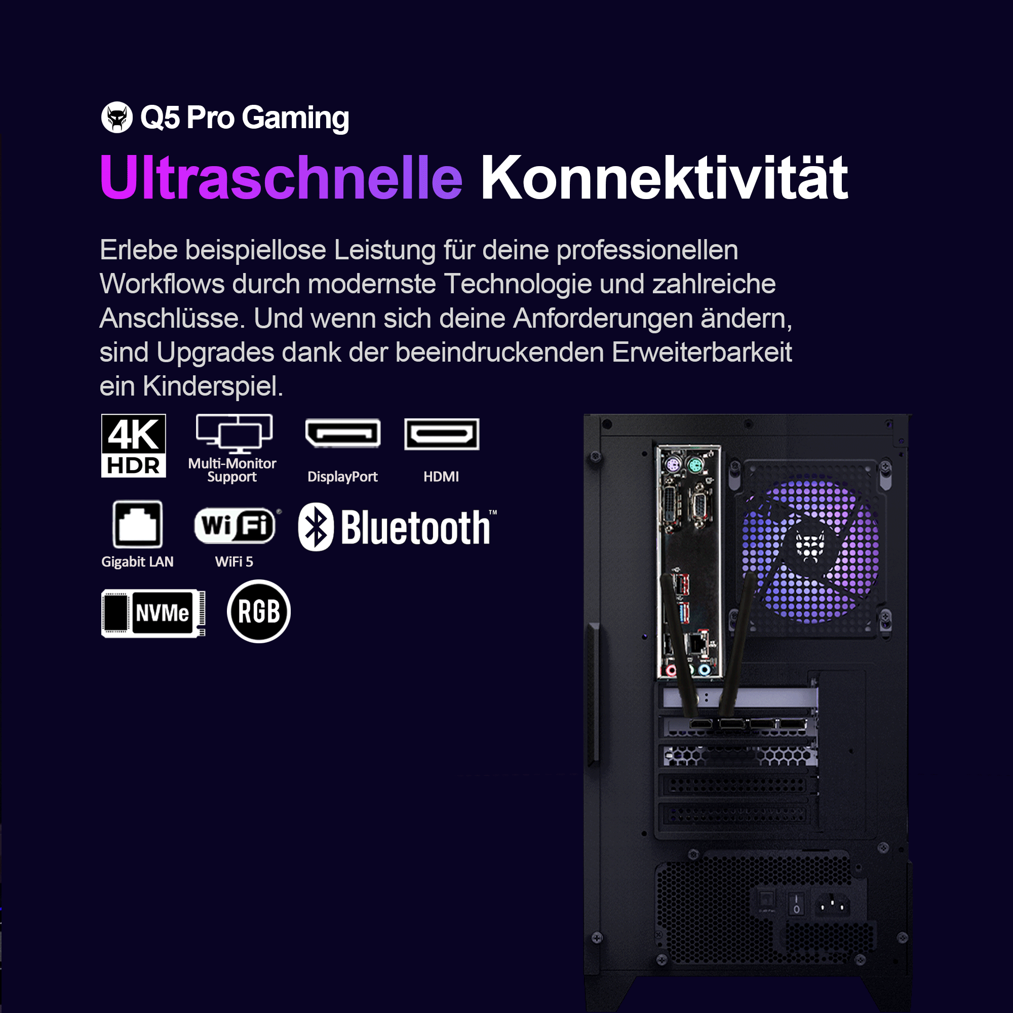 Case PC Q5 Pro Gaming con icone di connessione e ventola illuminata.