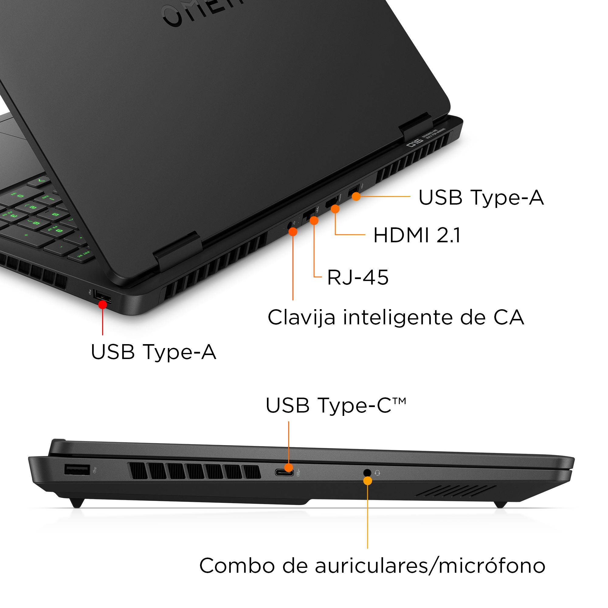 Vista de puertos traseros y laterales de laptop con etiquetas de USB, HDMI y RJ-45.