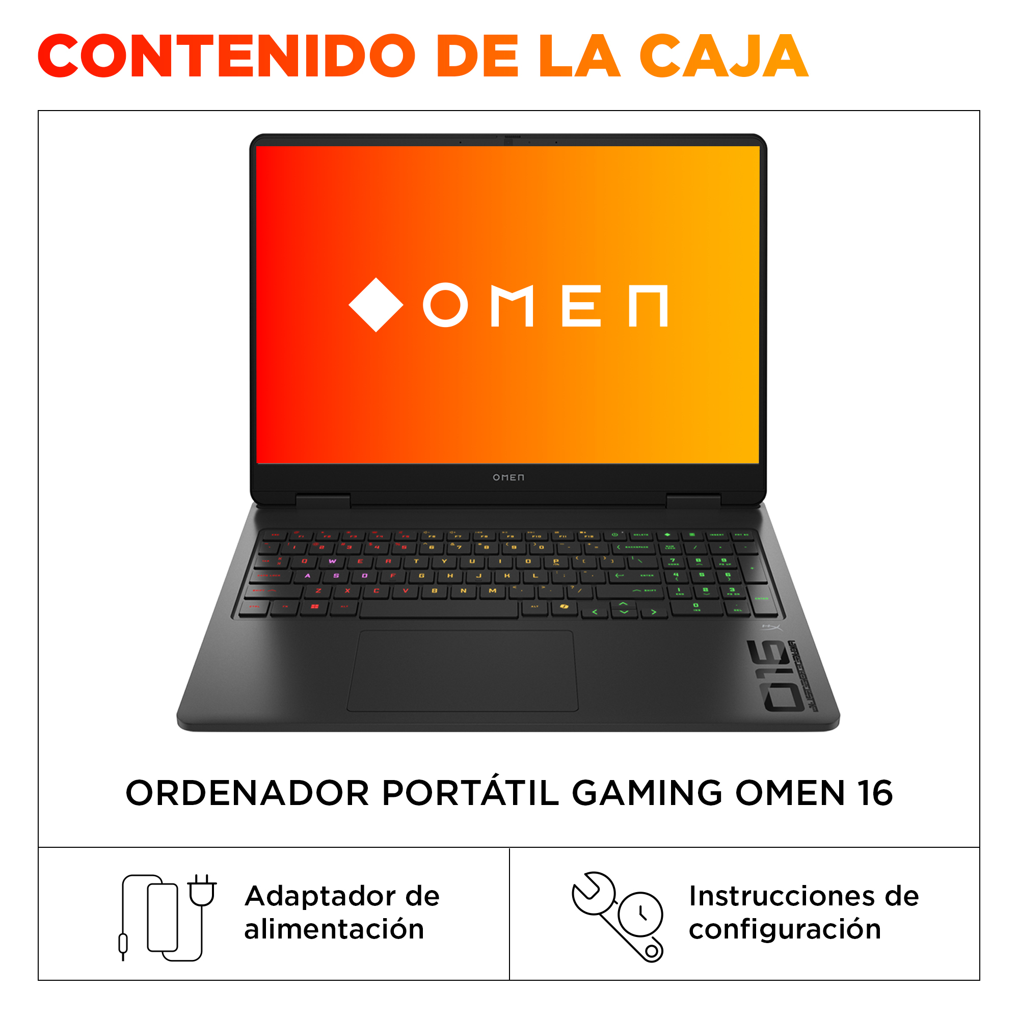 Un ordenador portátil gaming Omen 16 con pantalla roja y contenido de la caja.