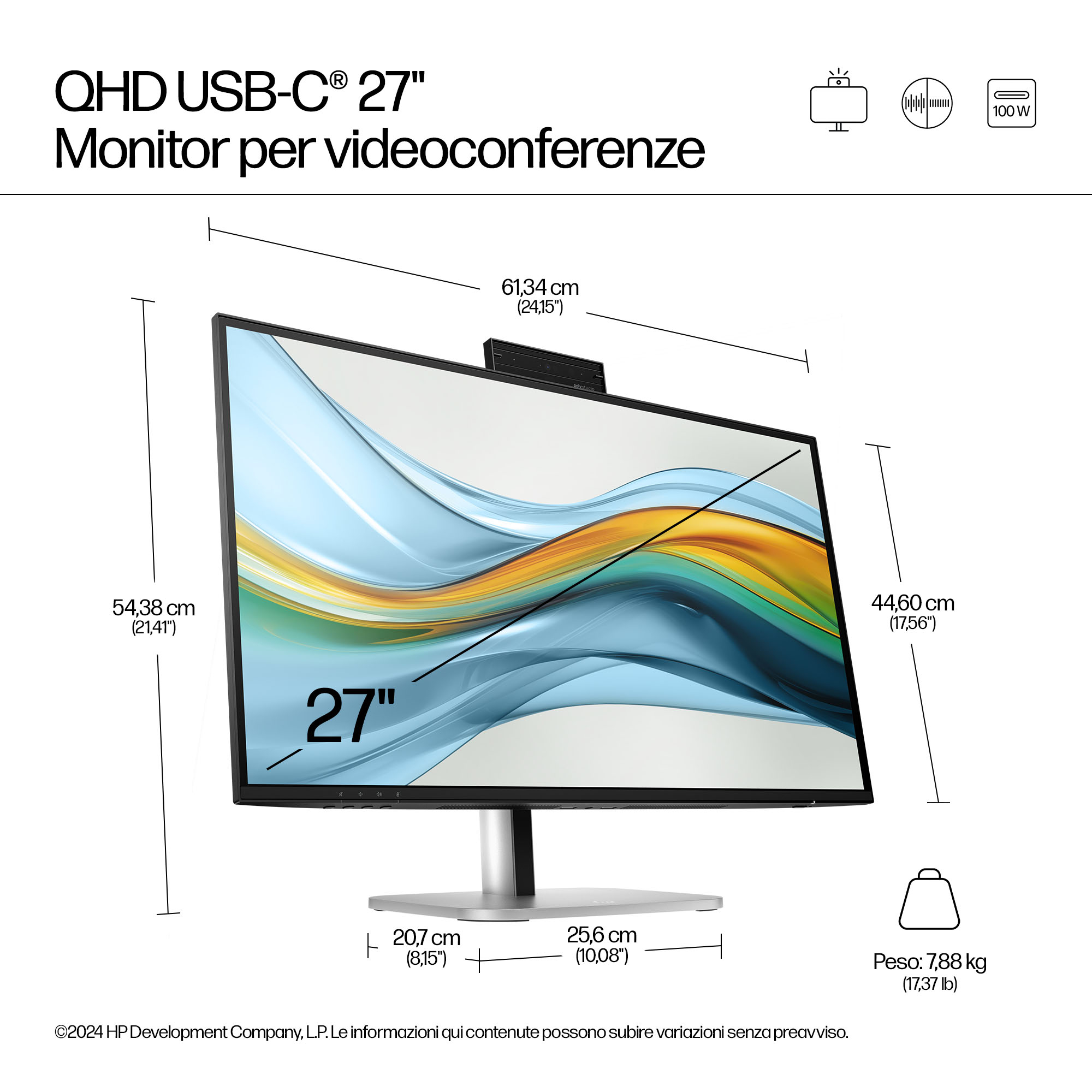 Disegno tecnico e dimensioni di un monitor per videoconferenza QHD USB-C da 27 pollici con supporto.
