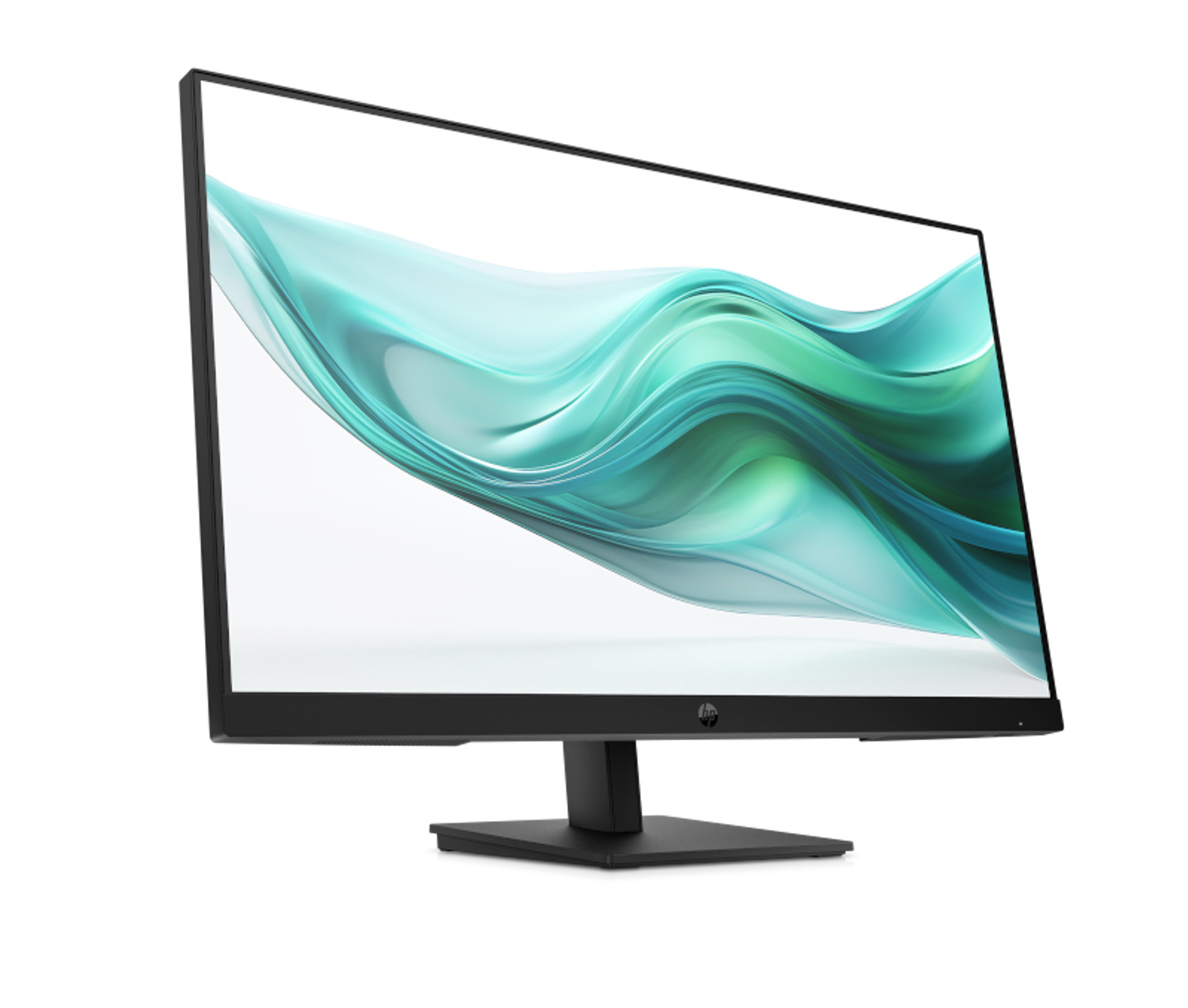 Un monitor HP nero con cornici sottili mostra un'onda astratta blu e turchese su sfondo bianco.