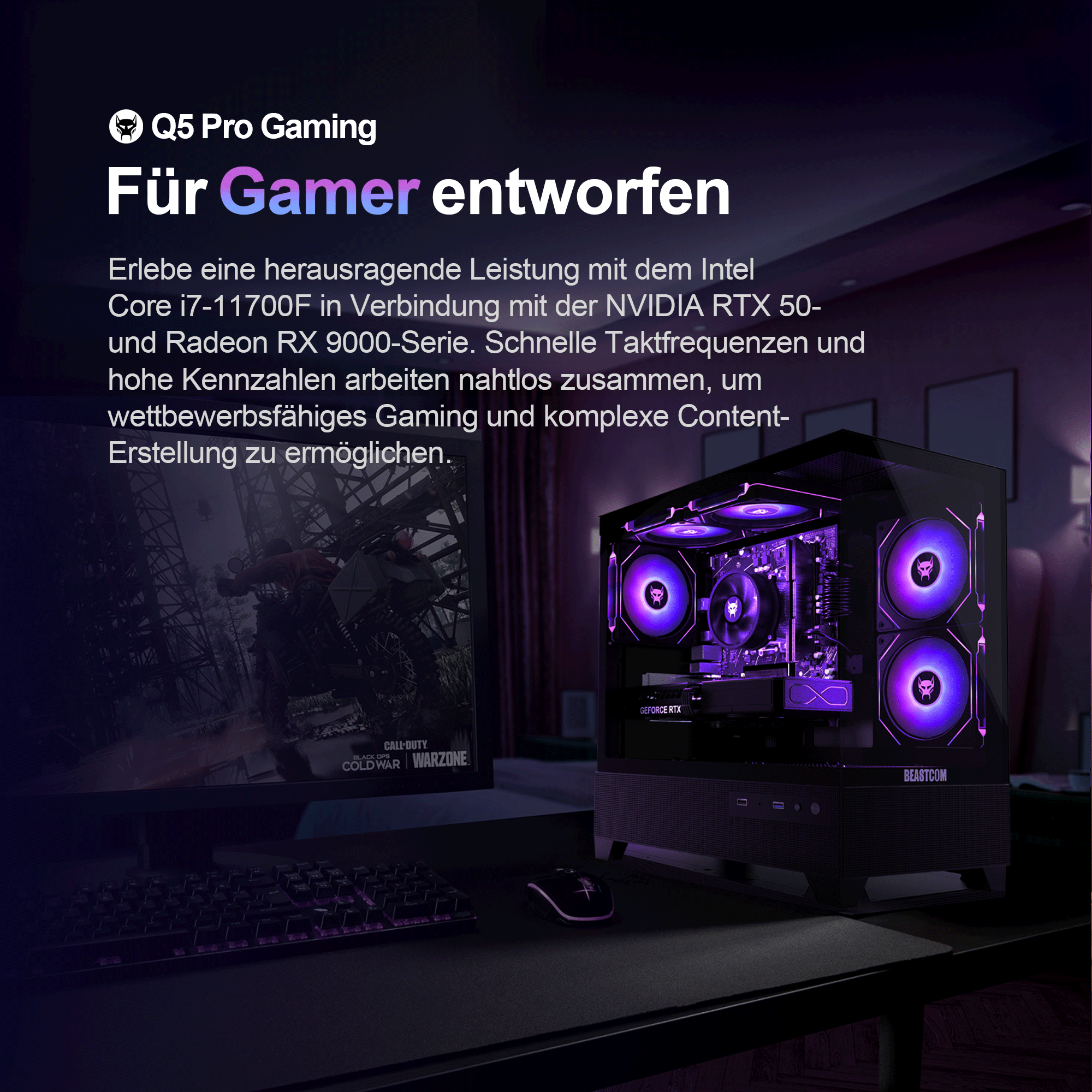 PC da gioco Q5 Pro con illuminazione viola, monitor, tastiera e mouse su una scrivania scura.