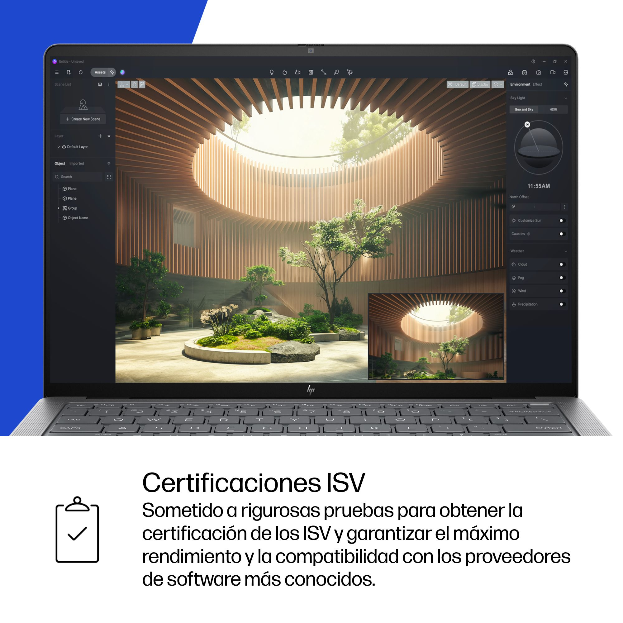 Un laptop mostra un render architettonico 3D con alberi all'interno di una struttura in legno.