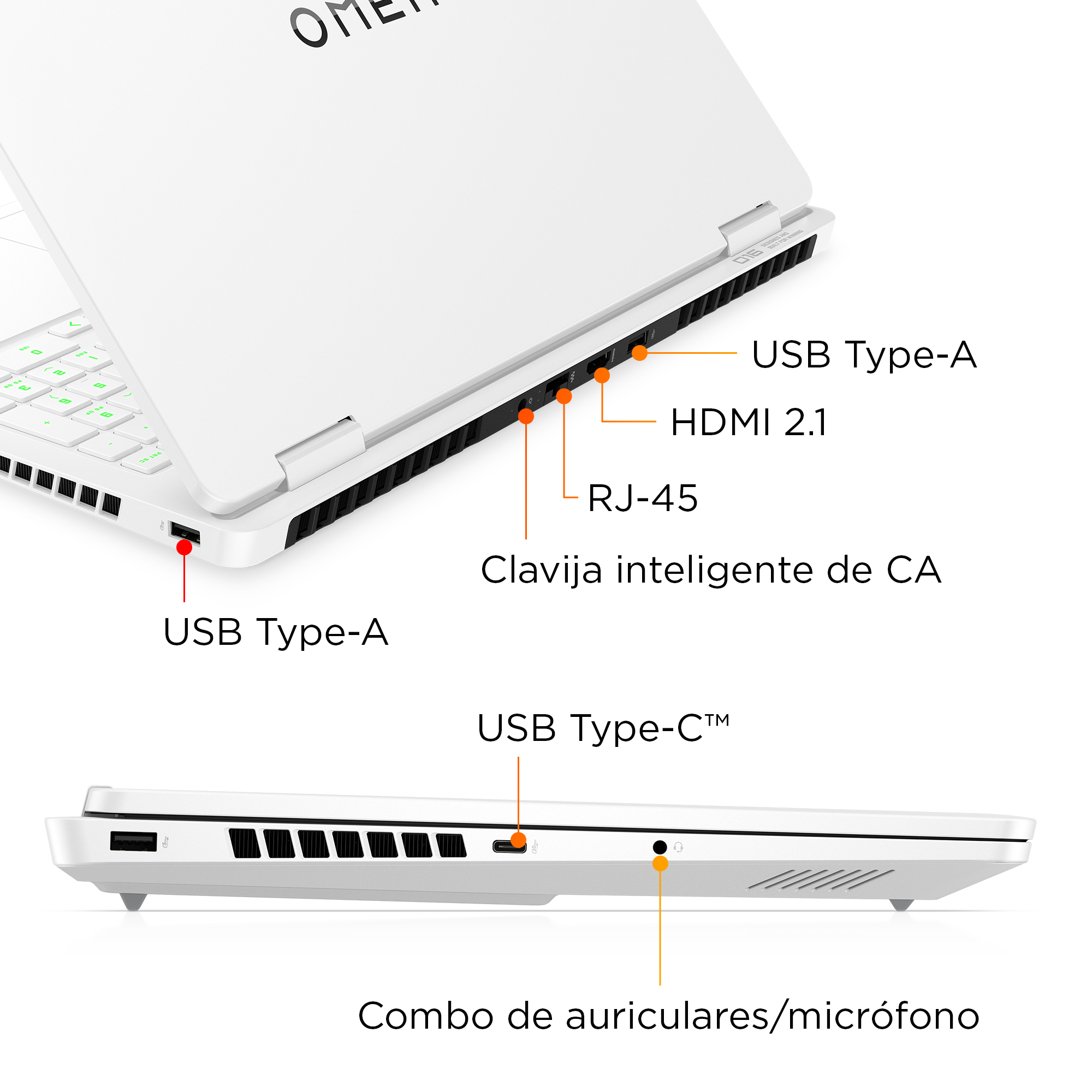 Diagrama que muestra los puertos de una laptop blanca, incluidos USB, HDMI, RJ-45 y audio.