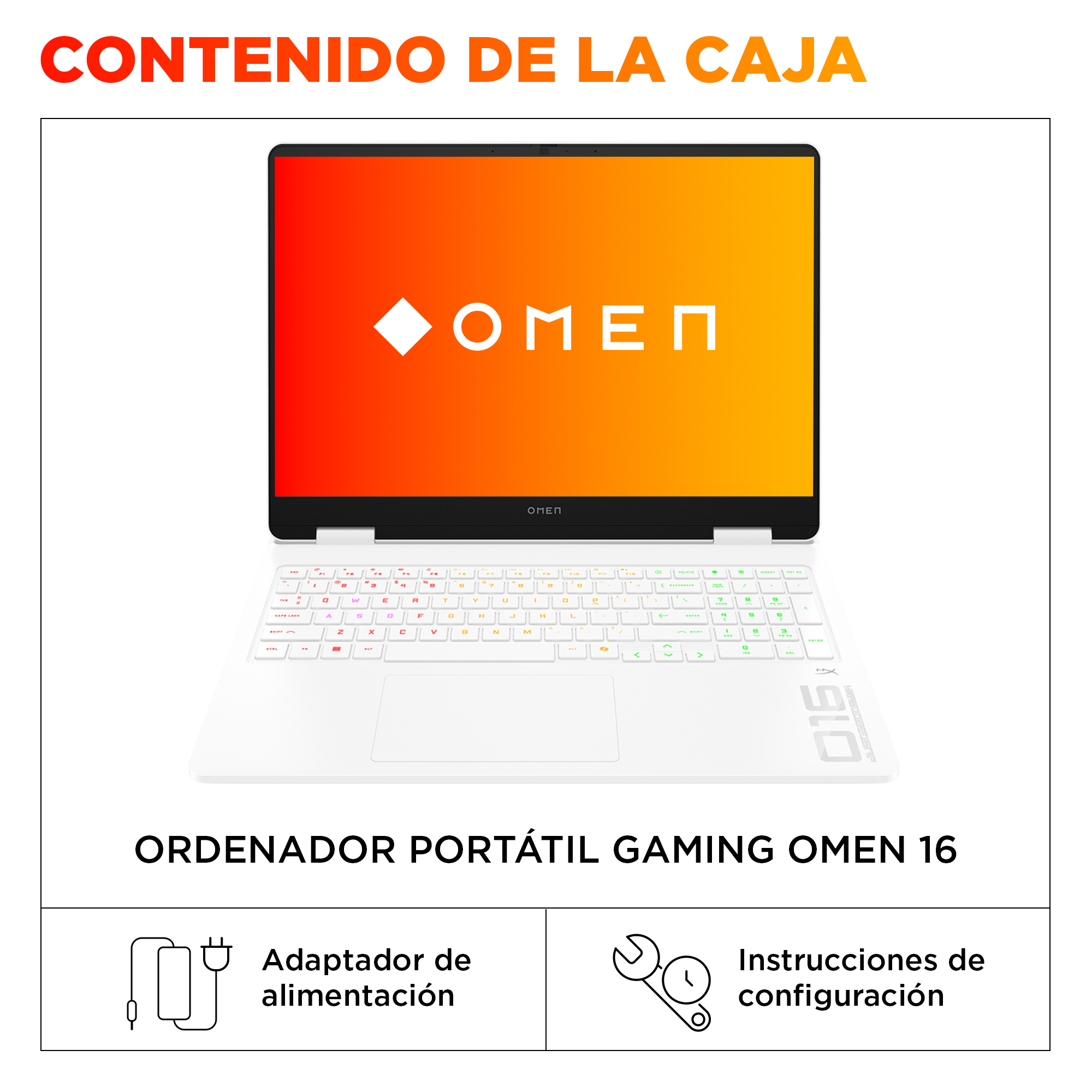 Portátil gaming Omen 16 con chasis blanco y teclado retroiluminado, adaptador de corriente y guías.