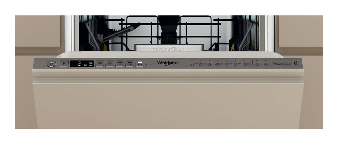 Pannello di controllo e porta aperta di una lavastoviglie Whirlpool grigia.