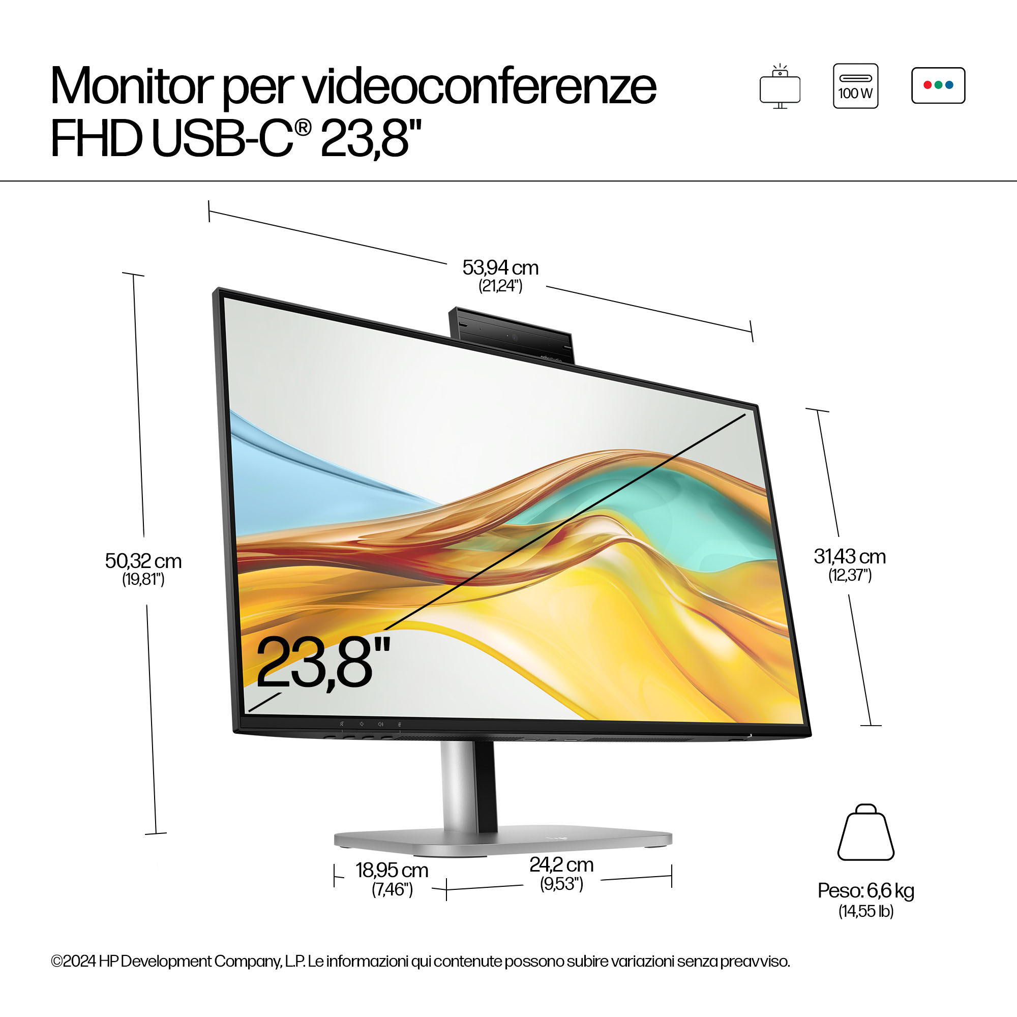 Diagramma con le dimensioni di un monitor per videoconferenze da 23,8 pollici.