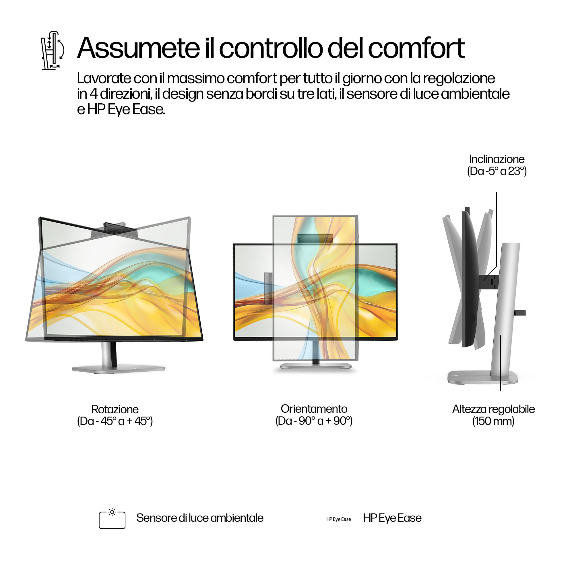 Monitor HP con supporto regolabile per rotazione, pivot e altezza.