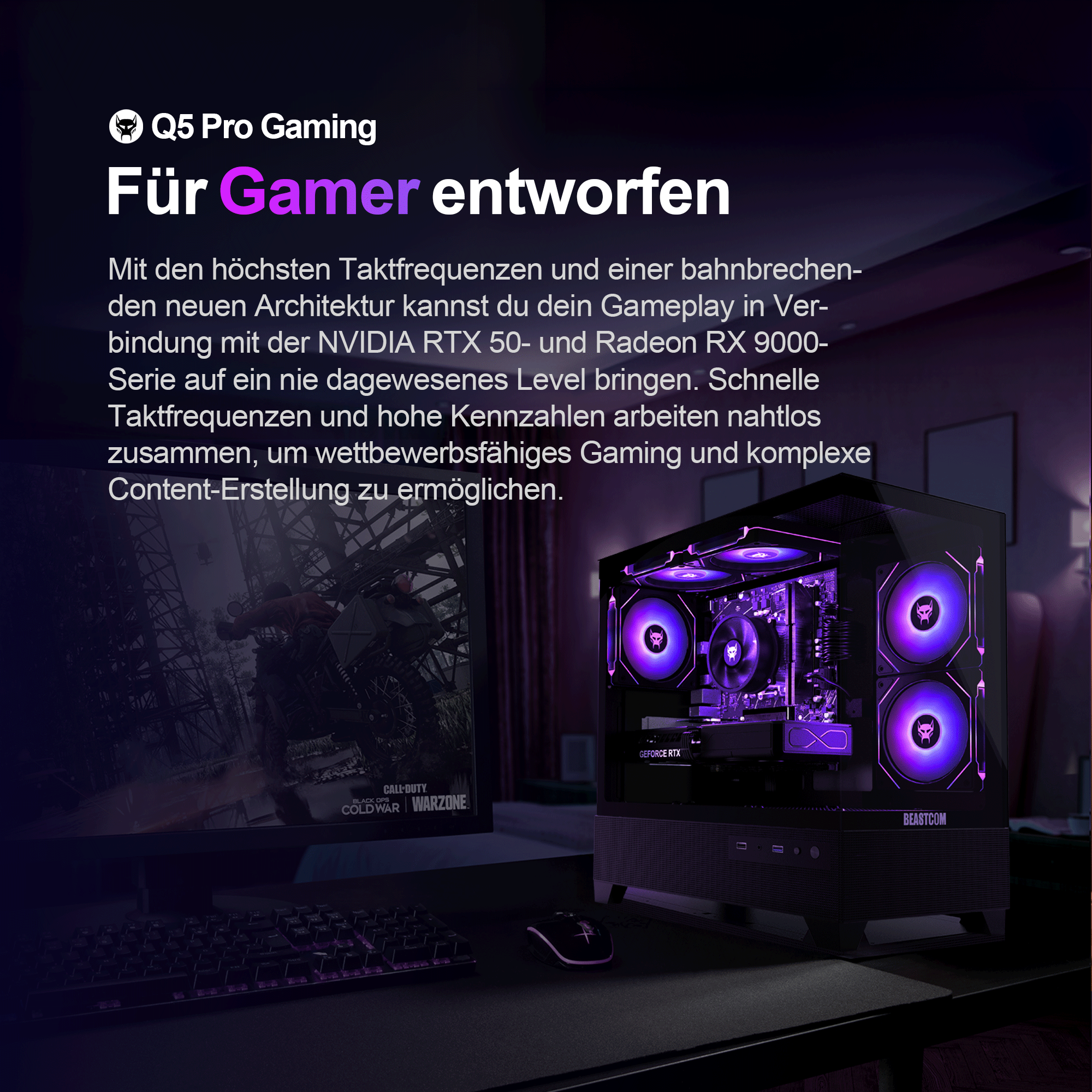 Ein Gaming-PC mit violetter Beleuchtung, Monitor mit Spiel, Tastatur und deutscher Werbetext.