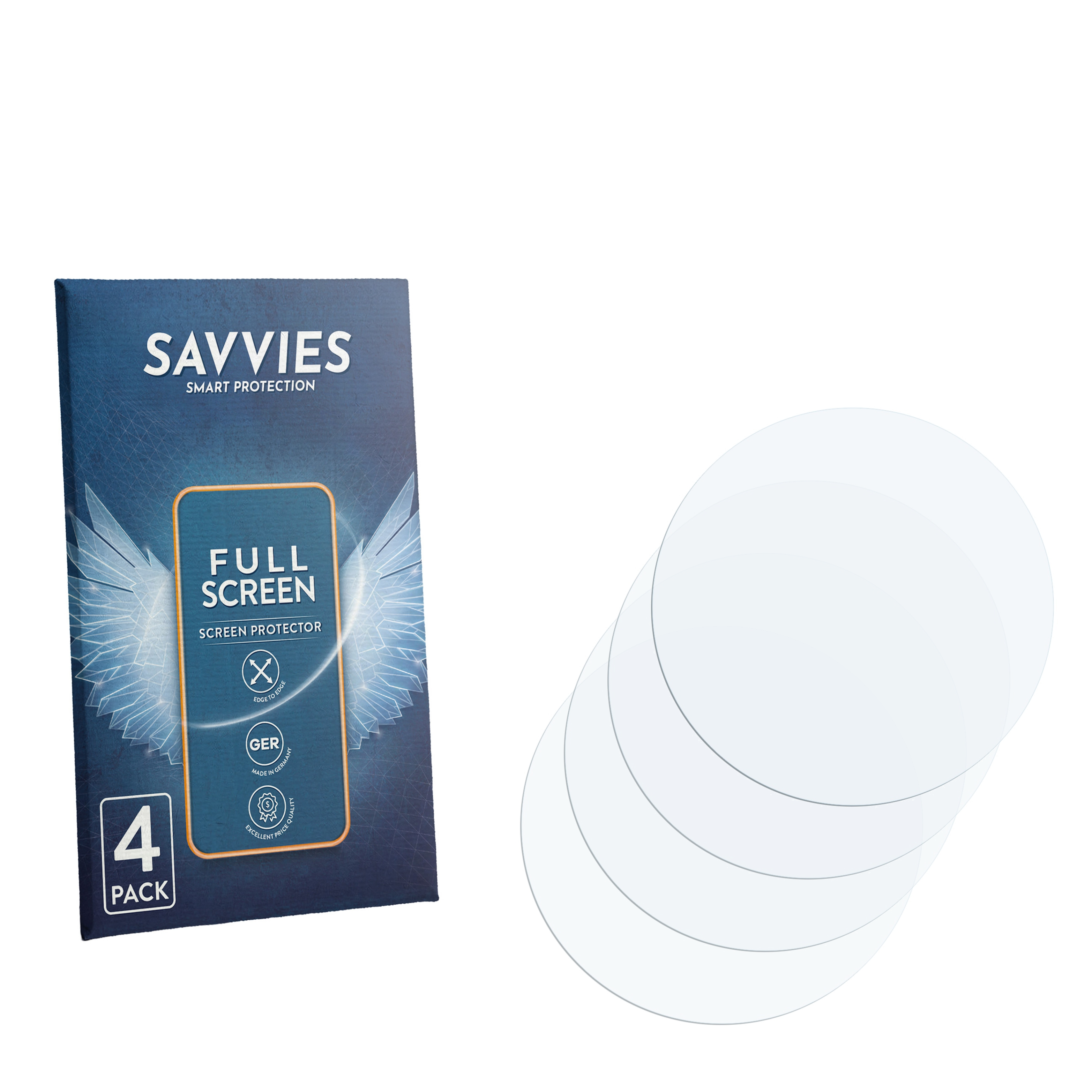 Savvies 4er-Pack Displayschutzfolie mit Produktverpackung und vier runden Folien.