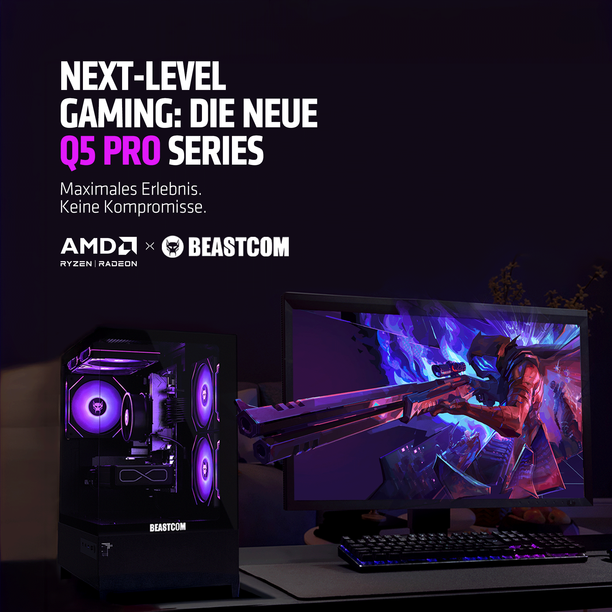 Immagine promozionale per PC gaming Beastcom Q5 Pro con torre e monitor illuminati.