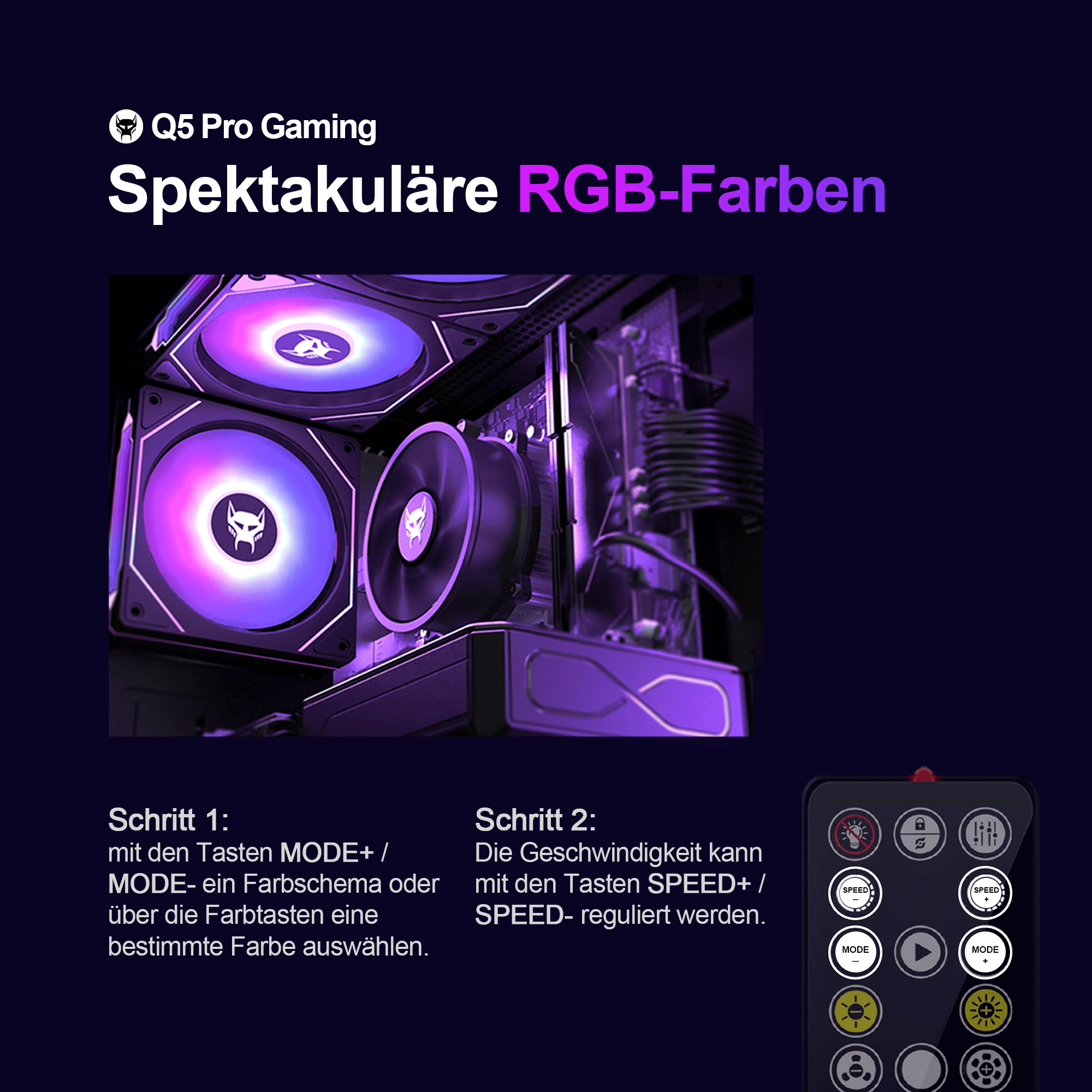 PC da gioco con ventole RGB e telecomando per colori e velocità.