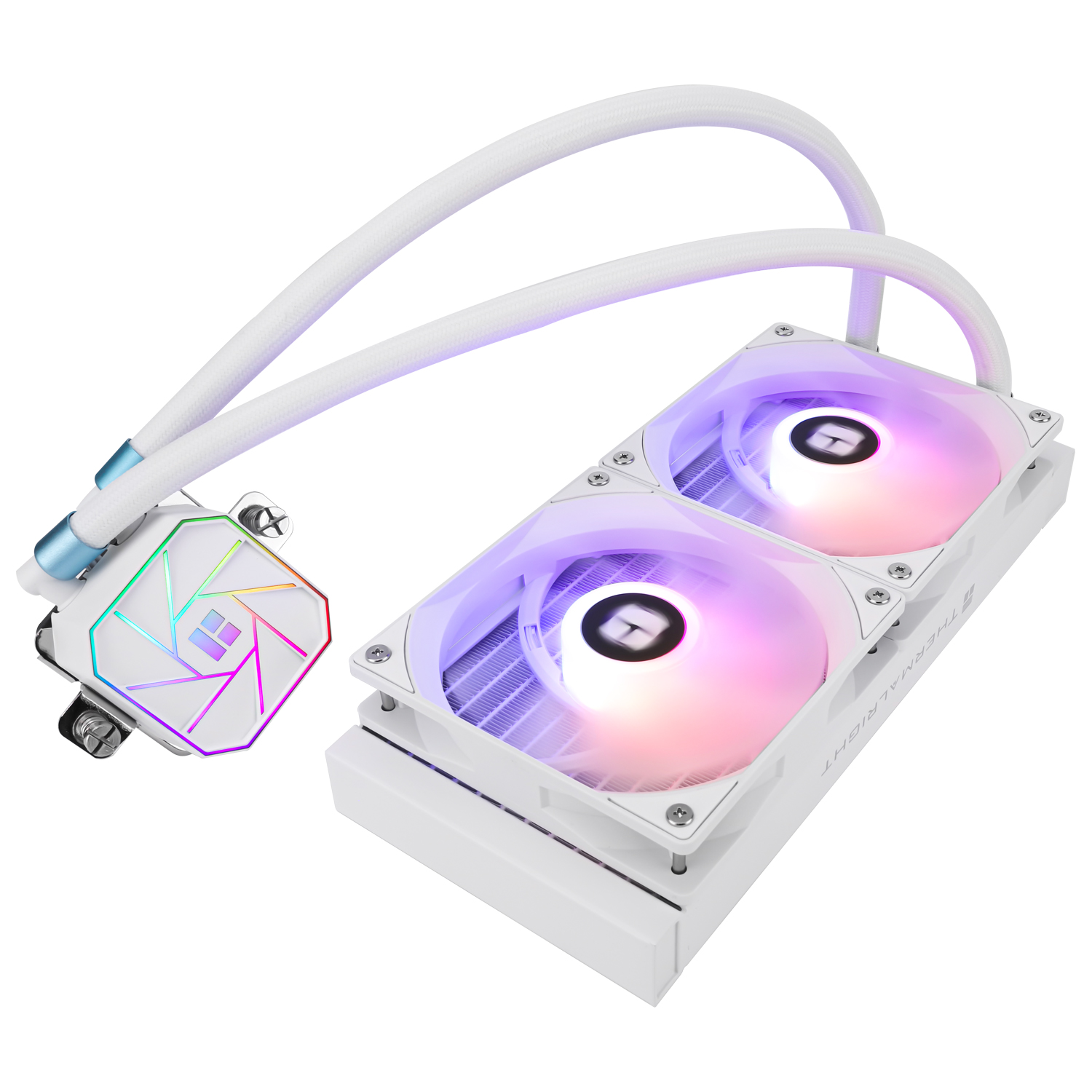Biały chłodzony wodą układ chłodzenia procesora z dwoma podświetlanymi wentylatorami RGB i rurkami.