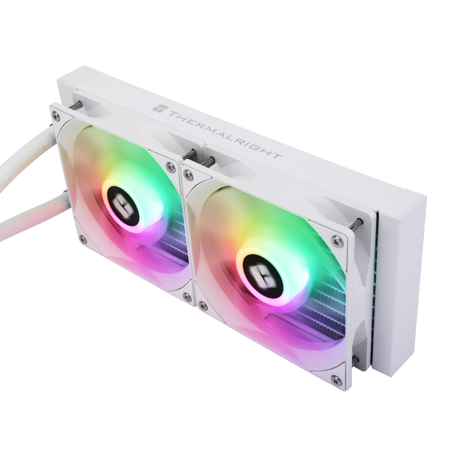 Biały chłodziacz cieczowy CPU Thermalright z dwoma wentylatorami podświetlanymi RGB na białym tle.